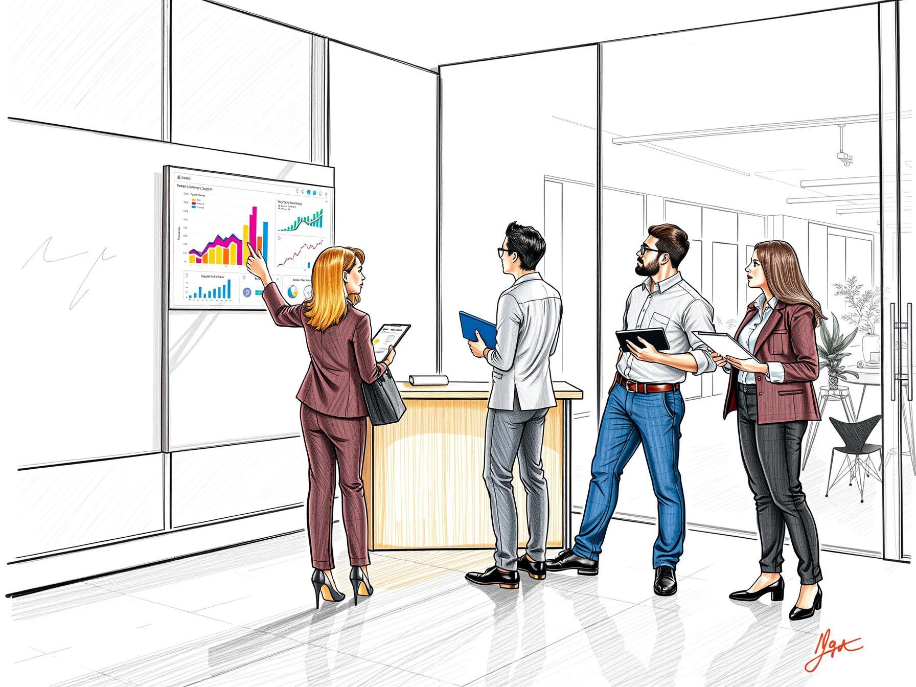 Four diverse business professionals collaborating using data analytics in modern office interior four-diverse-business-professionals-collaborating-using-data-analytics-in-modern-office-interior