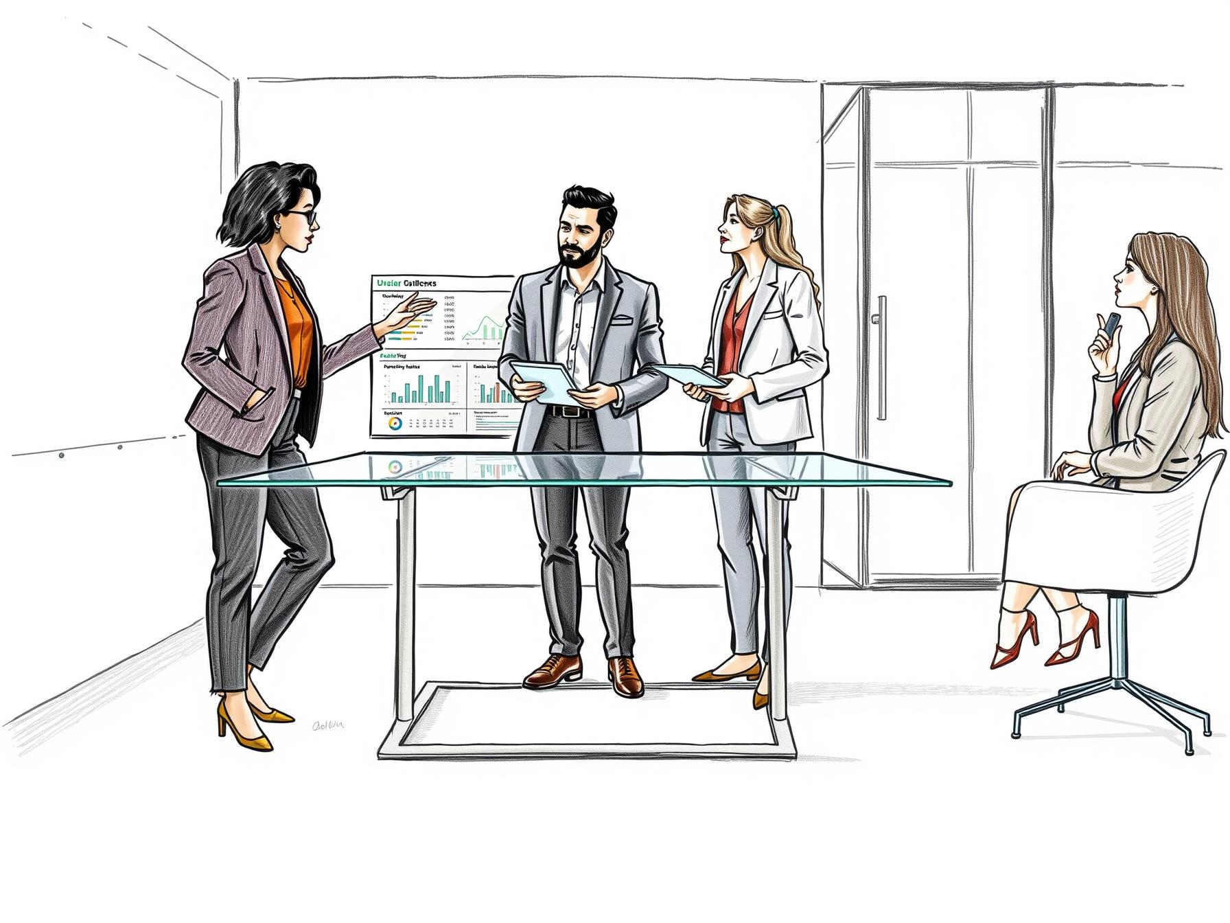 Three diverse business professionals collaborating with sales technology around glass table in modern office three-diverse-business-professionals-collaborating-with-sales-technology-around-glass-table-in-modern-office