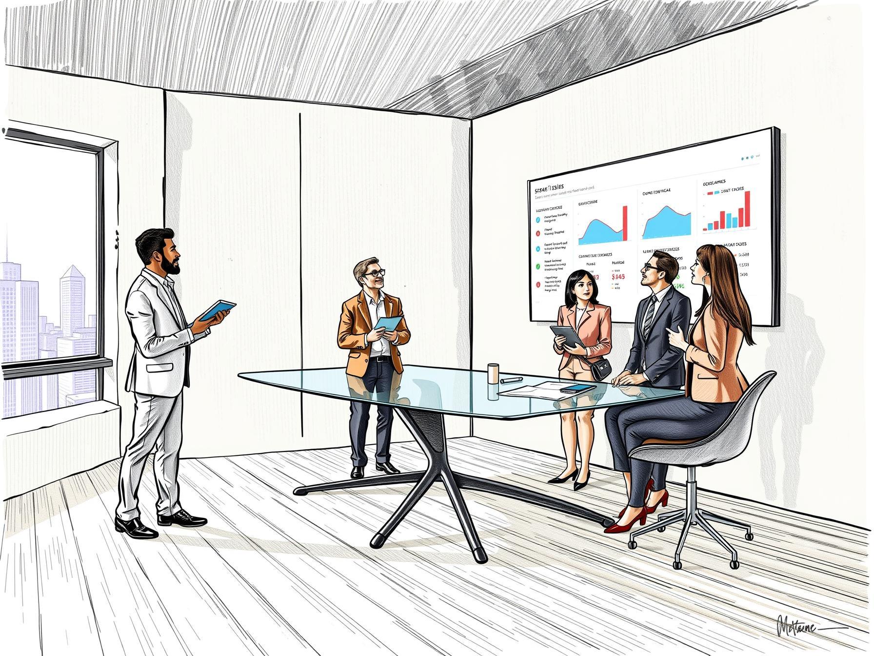 Four diverse professionals collaborating on sales team restructuring in modern office setting four-diverse-professionals-collaborating-on-sales-team-restructuring-in-modern-office-setting