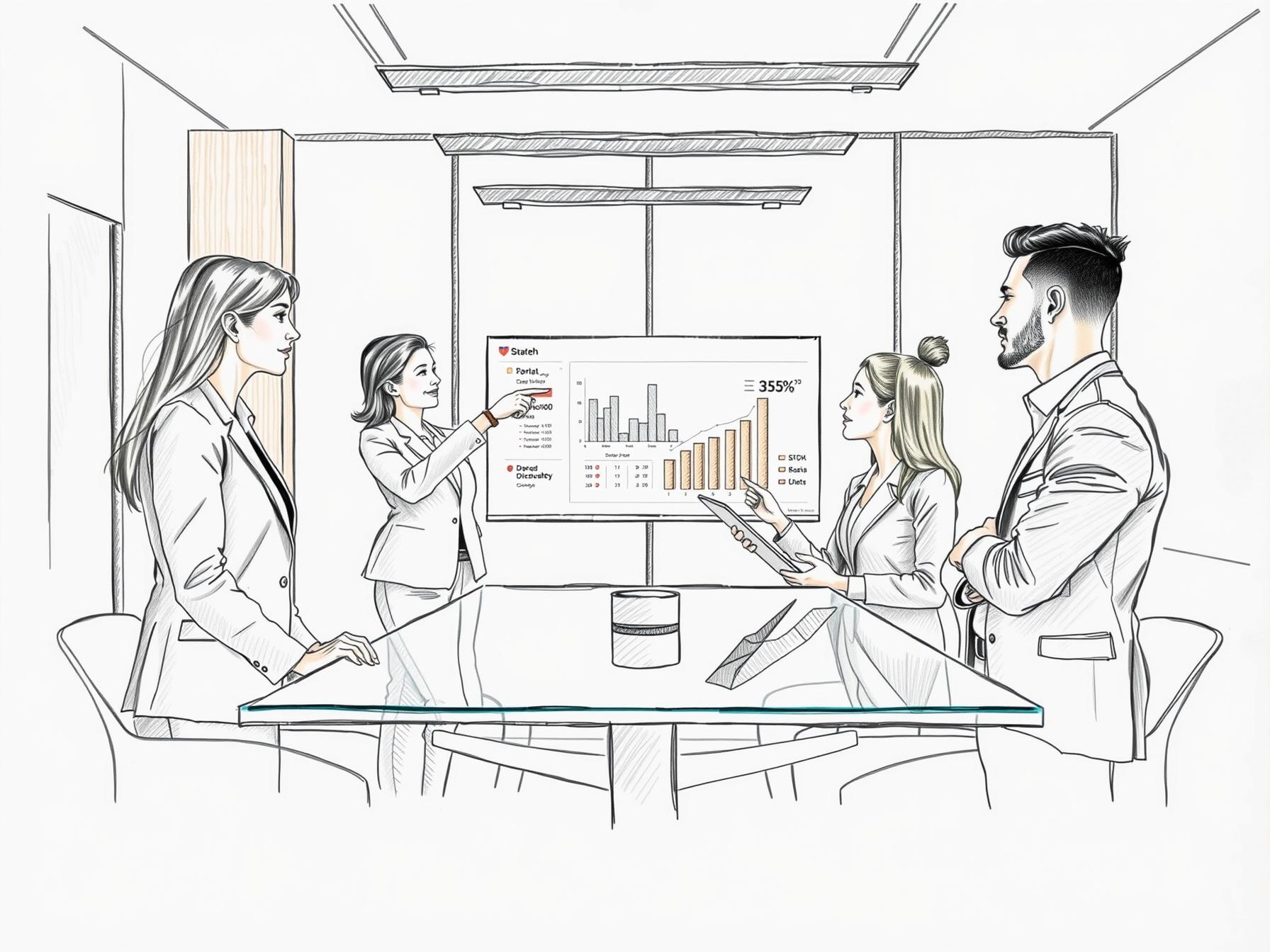 Four business professionals collaborating around a digital data dashboard in a modern office setting four-business-professionals-collaborating-around-a-digital-data-dashboard-in-a-modern-office-setting