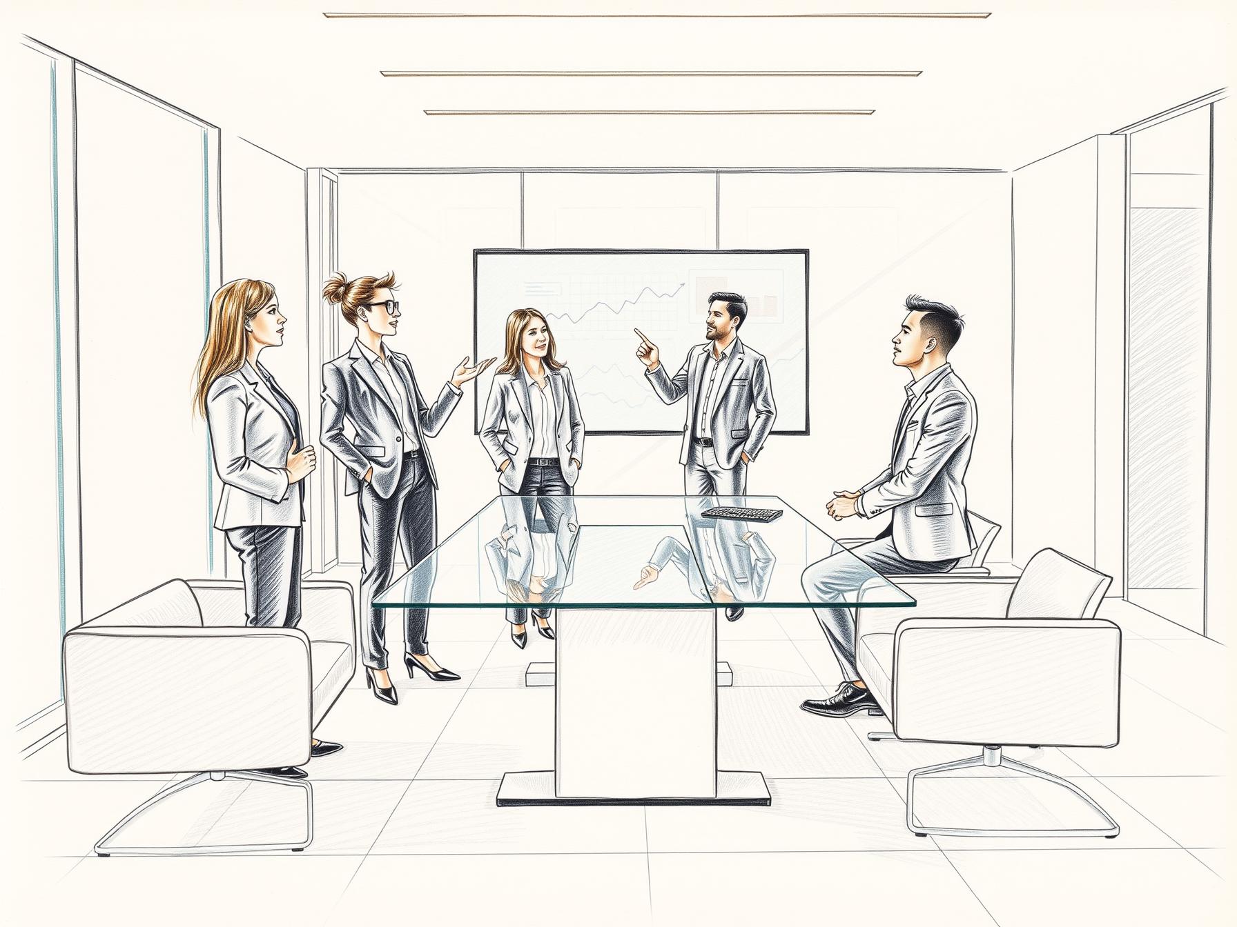 Four business professionals collaborating with digital sales technology in a modern office setting four-business-professionals-collaborating-with-digital-sales-technology-in-a-modern-office-setting