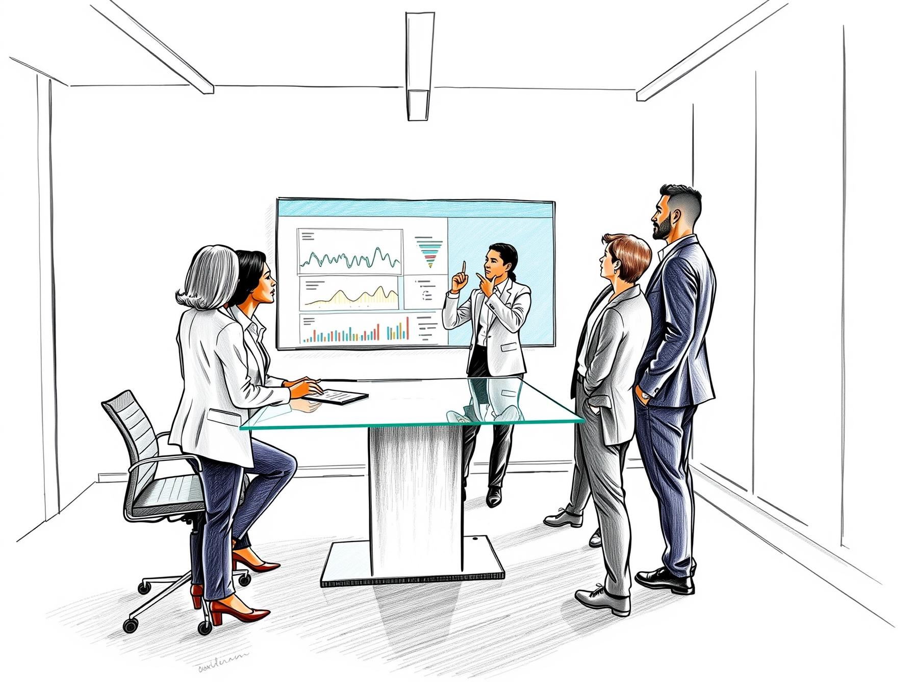 Four diverse business professionals collaborating on predictive retention analytics in modern office four-diverse-business-professionals-collaborating-on-predictive-retention-analytics-in-modern-office