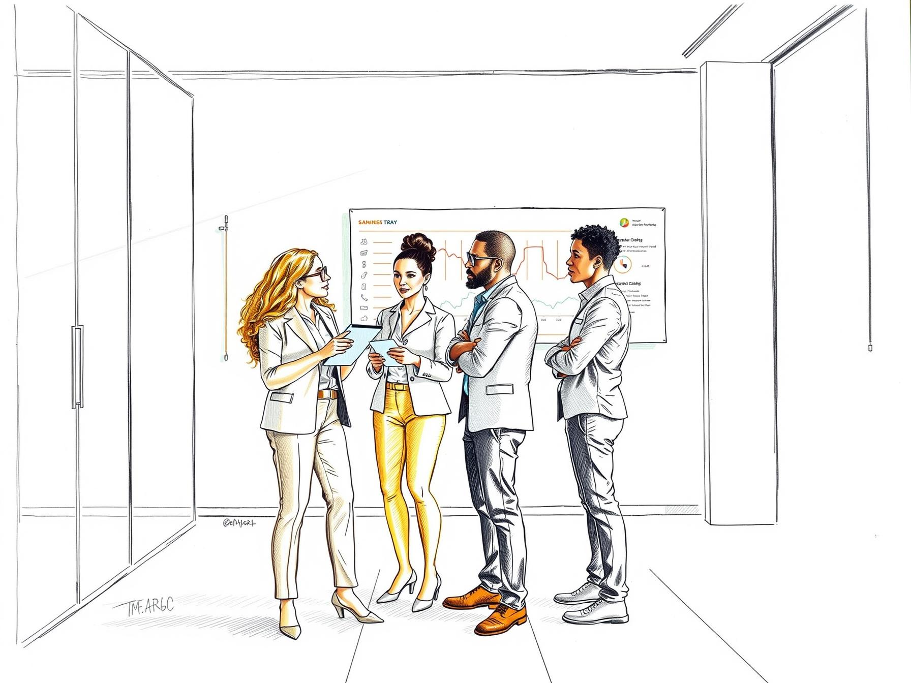 Four diverse professionals collaborating on digital tablet in modern office with glass window four-diverse-professionals-collaborating-on-digital-tablet-in-modern-office-with-glass-window