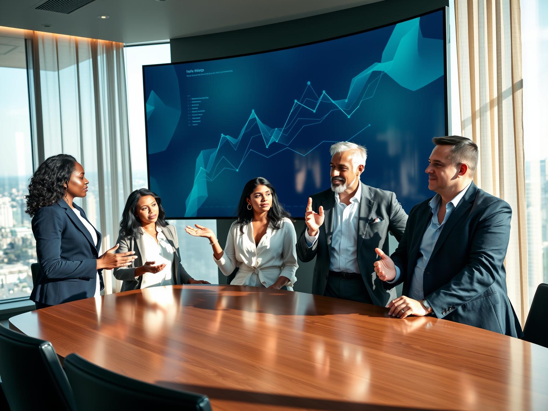 Four diverse professionals collaborating around digital display in high-rise executive boardroom