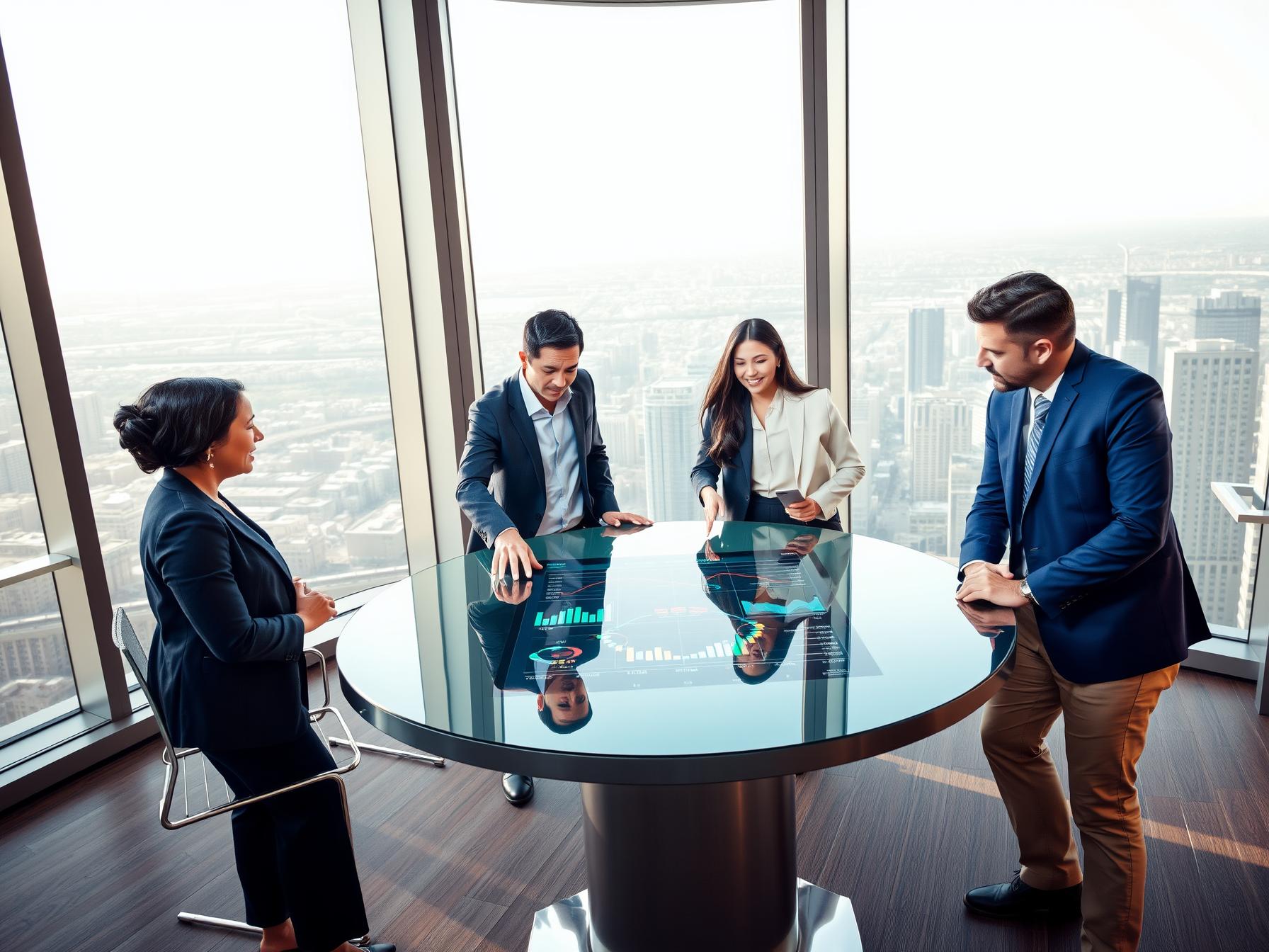 Four diverse professionals collaborating in a high-rise boardroom with dynamic pricing charts on glass table display