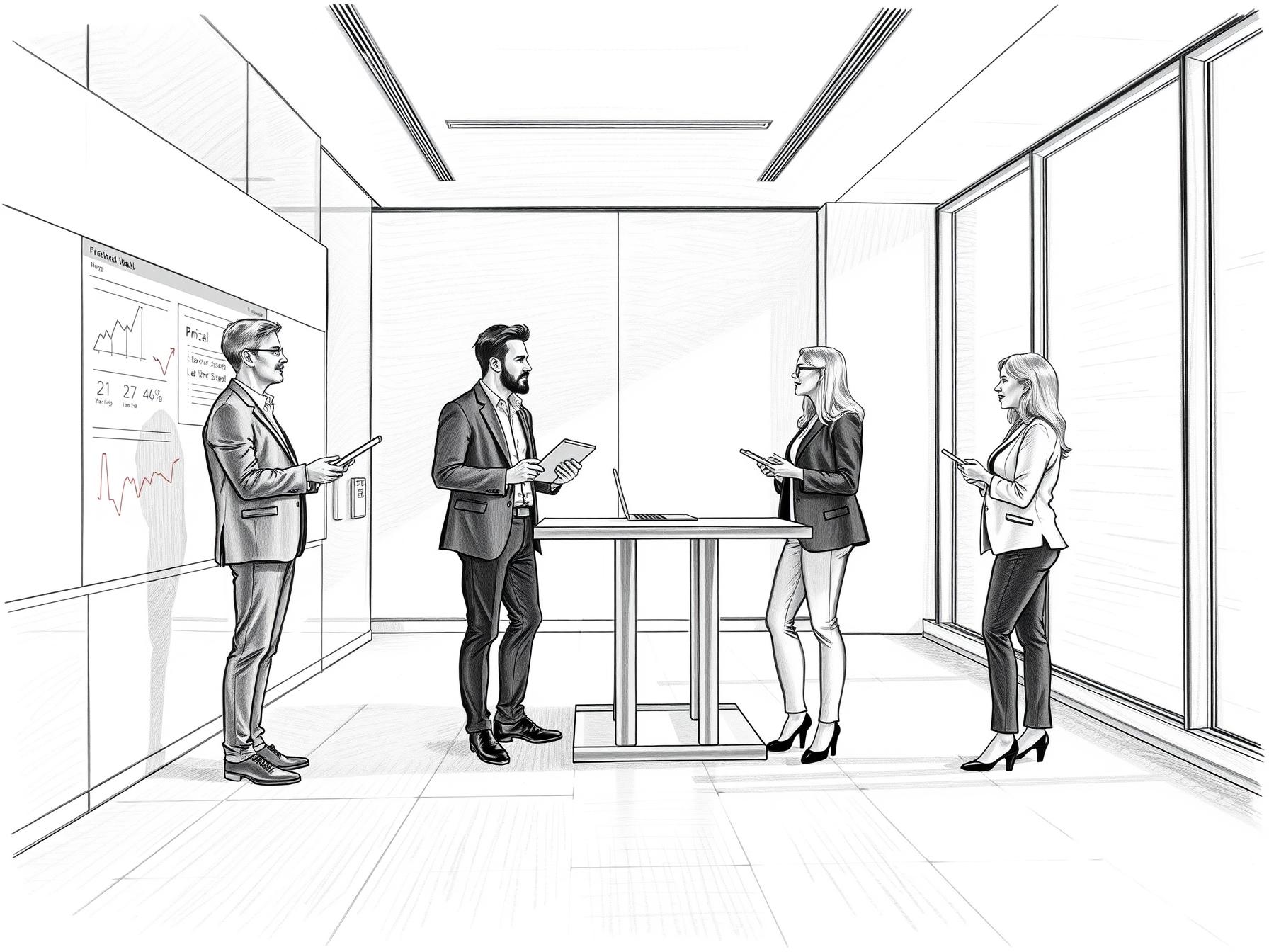 Four diverse business professionals collaborating on strategic pricing optimization in modern office interior four-diverse-business-professionals-collaborating-on-strategic-pricing-optimization-in-modern-office-interior