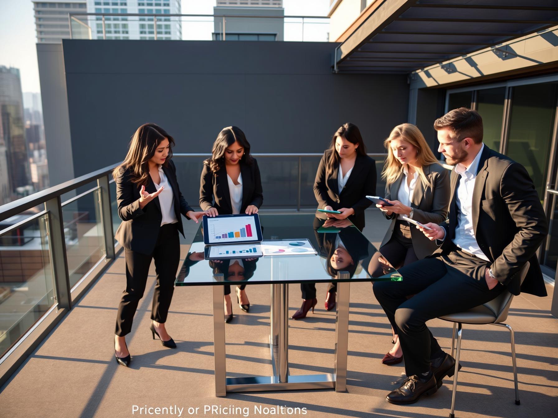 Four diverse professionals collaborating on pricing strategies on a rooftop terrace with city skyline view