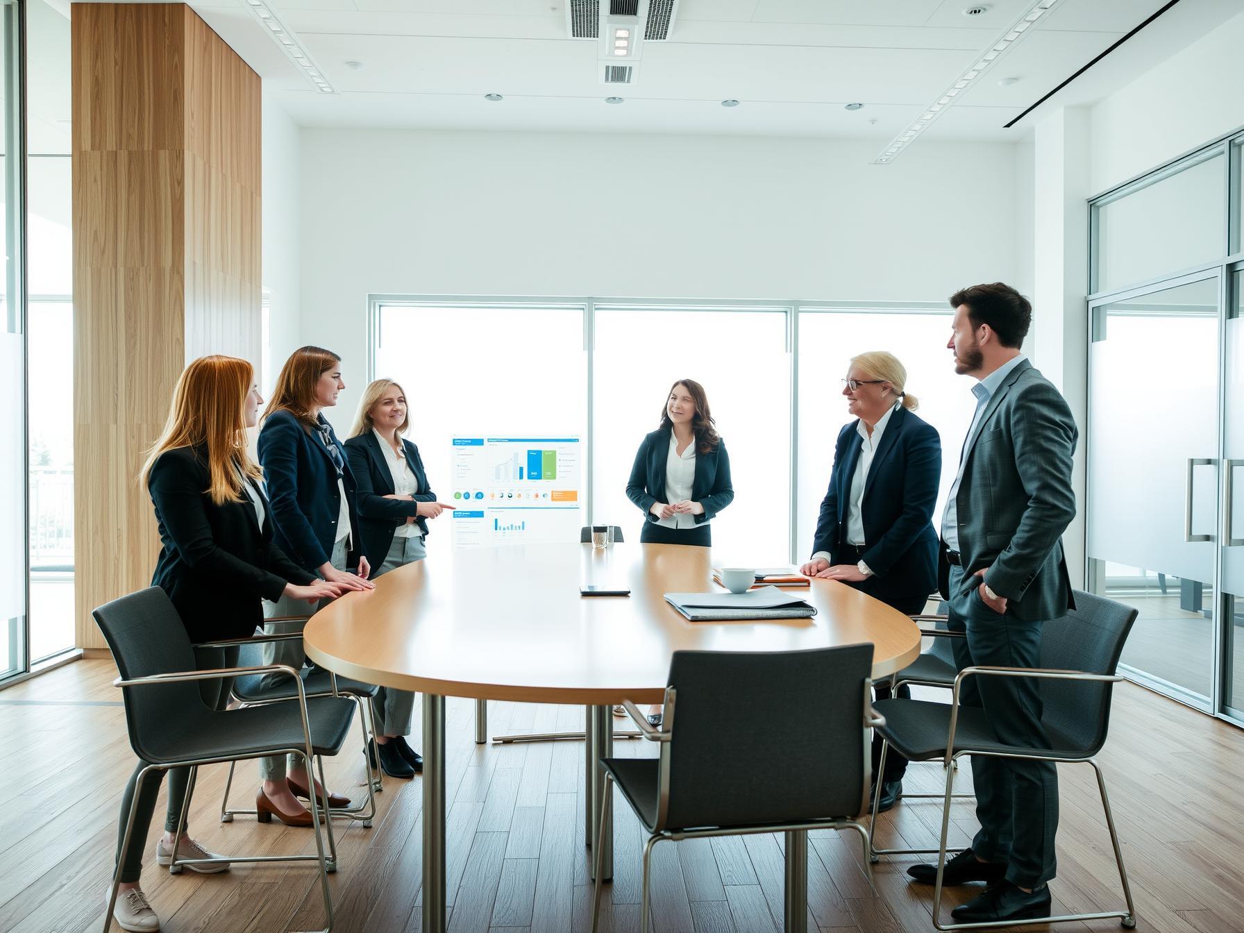 Five professionals collaborating in a bright Scandinavian innovation lab around a data display screen