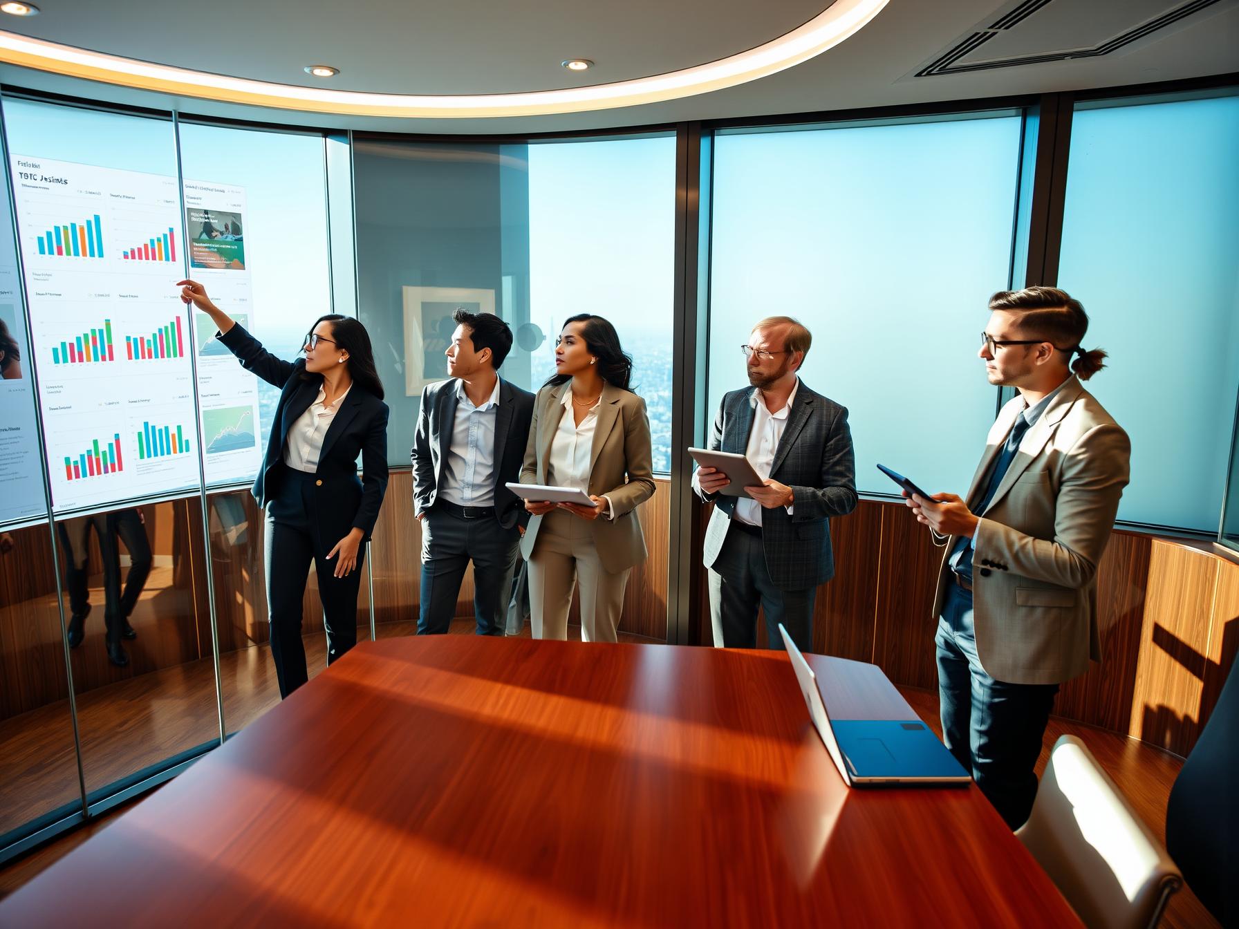 Four professionals in a high-rise boardroom analyzing data on glass wall during forecasting session