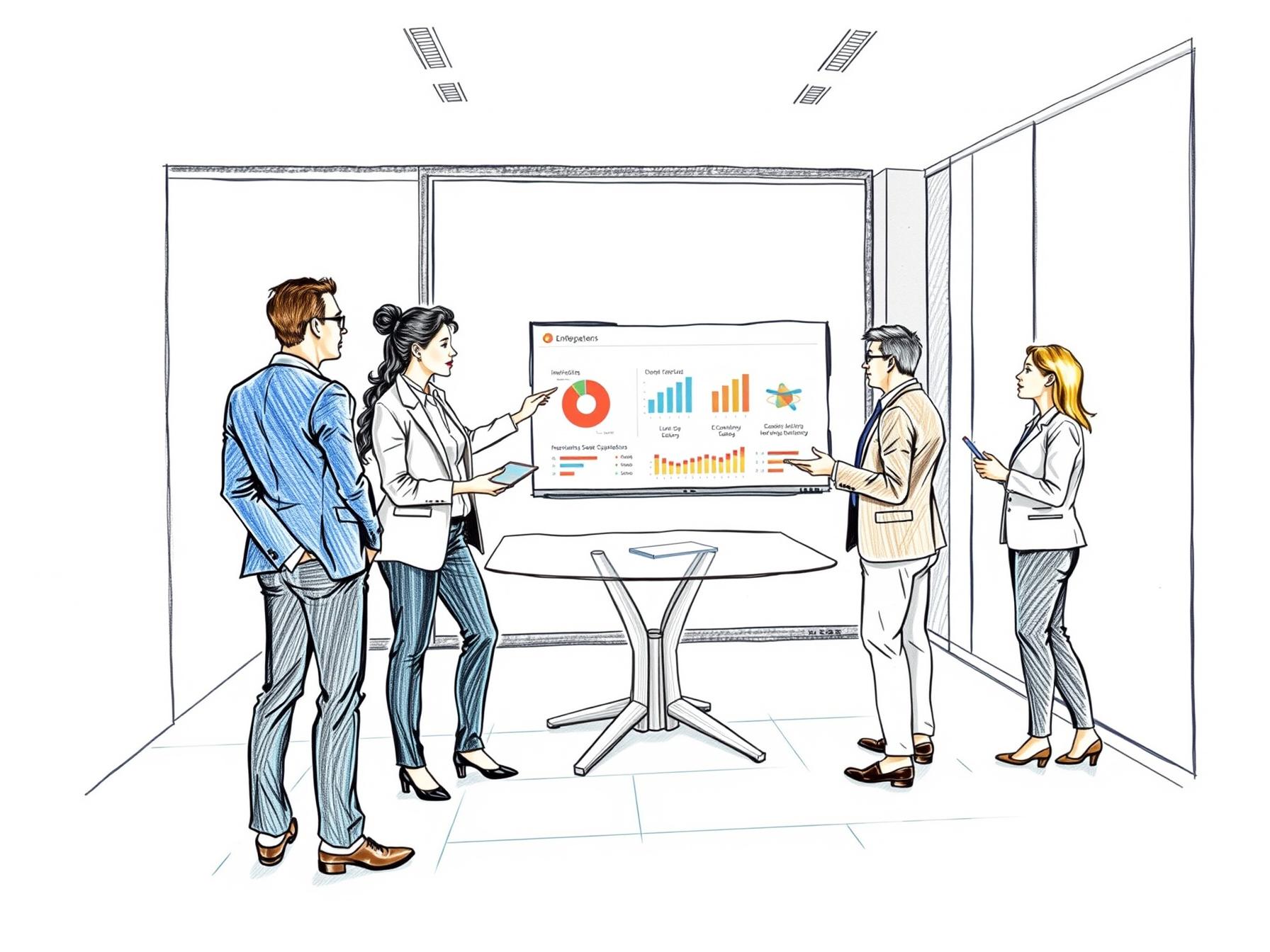 Four Diverse Business Professionals Collaborating Using Digital Sales and Marketing Tools in Modern Office Space four-diverse-business-professionals-collaborating-using-digital-sales-and-marketing-tools-in-modern-office-space