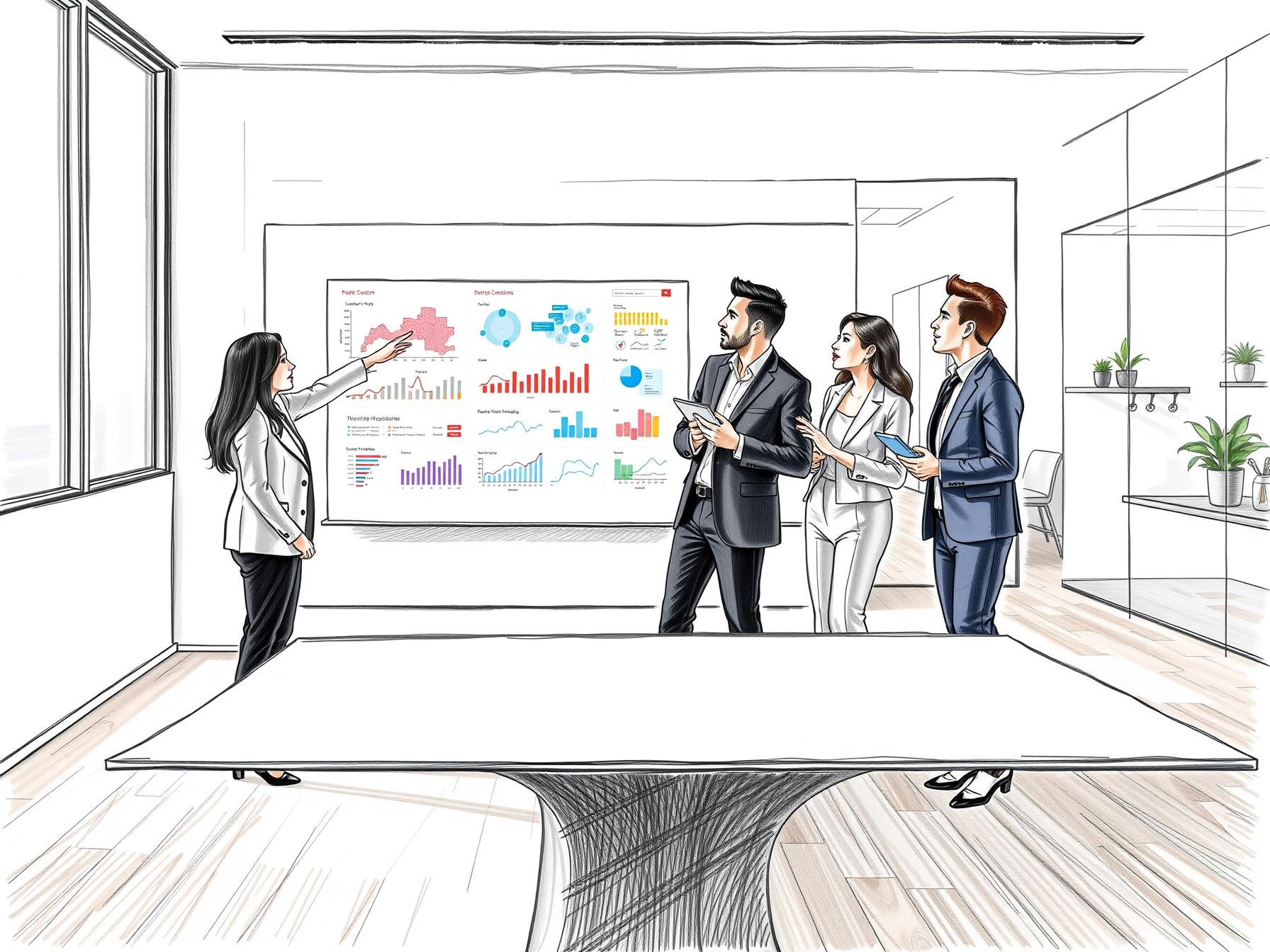 Four professionals in a modern office collaborating at a conference table with digital displays and tablets