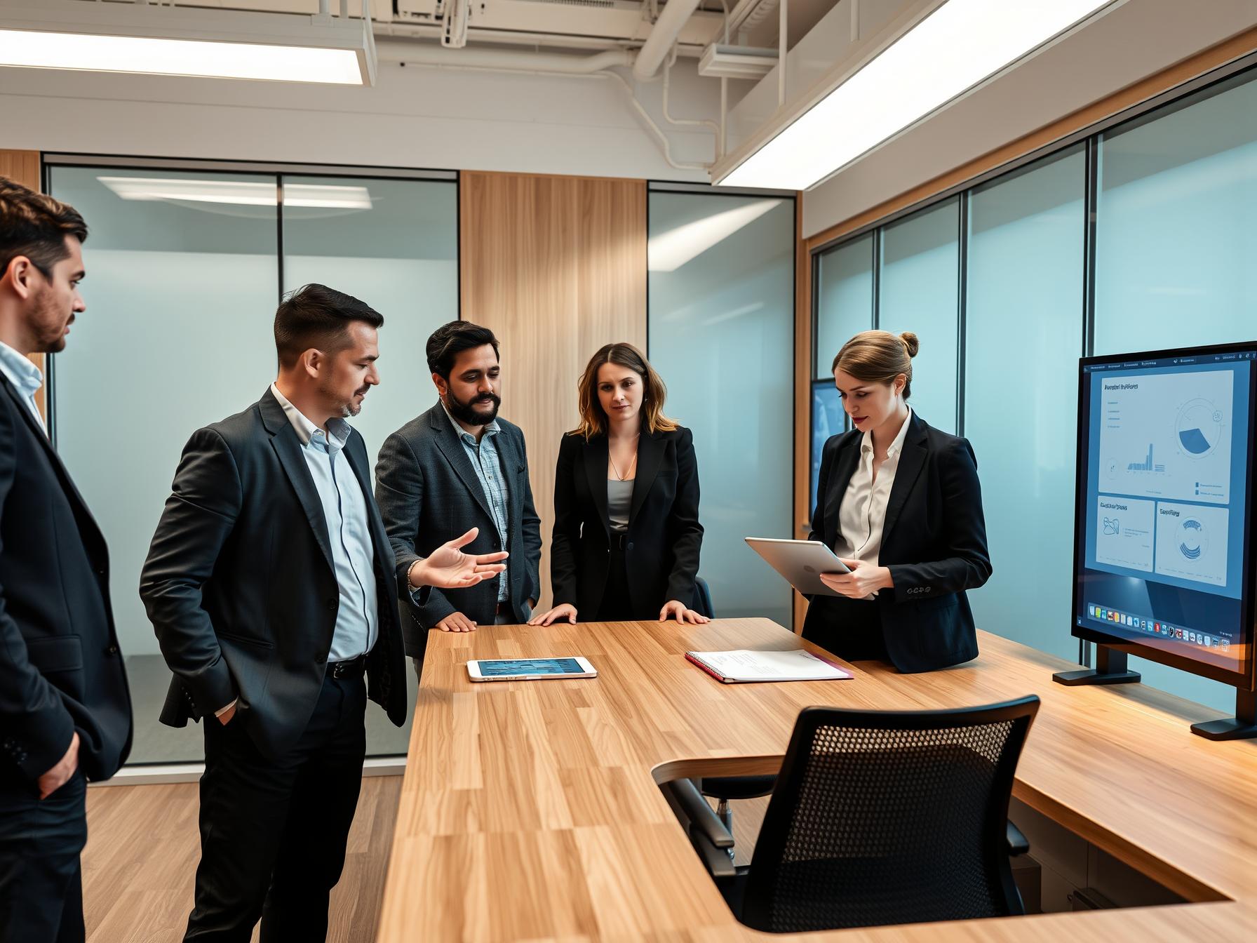 Four professionals collaborating in a Scandinavian-tech lab using touchscreens for data analysis