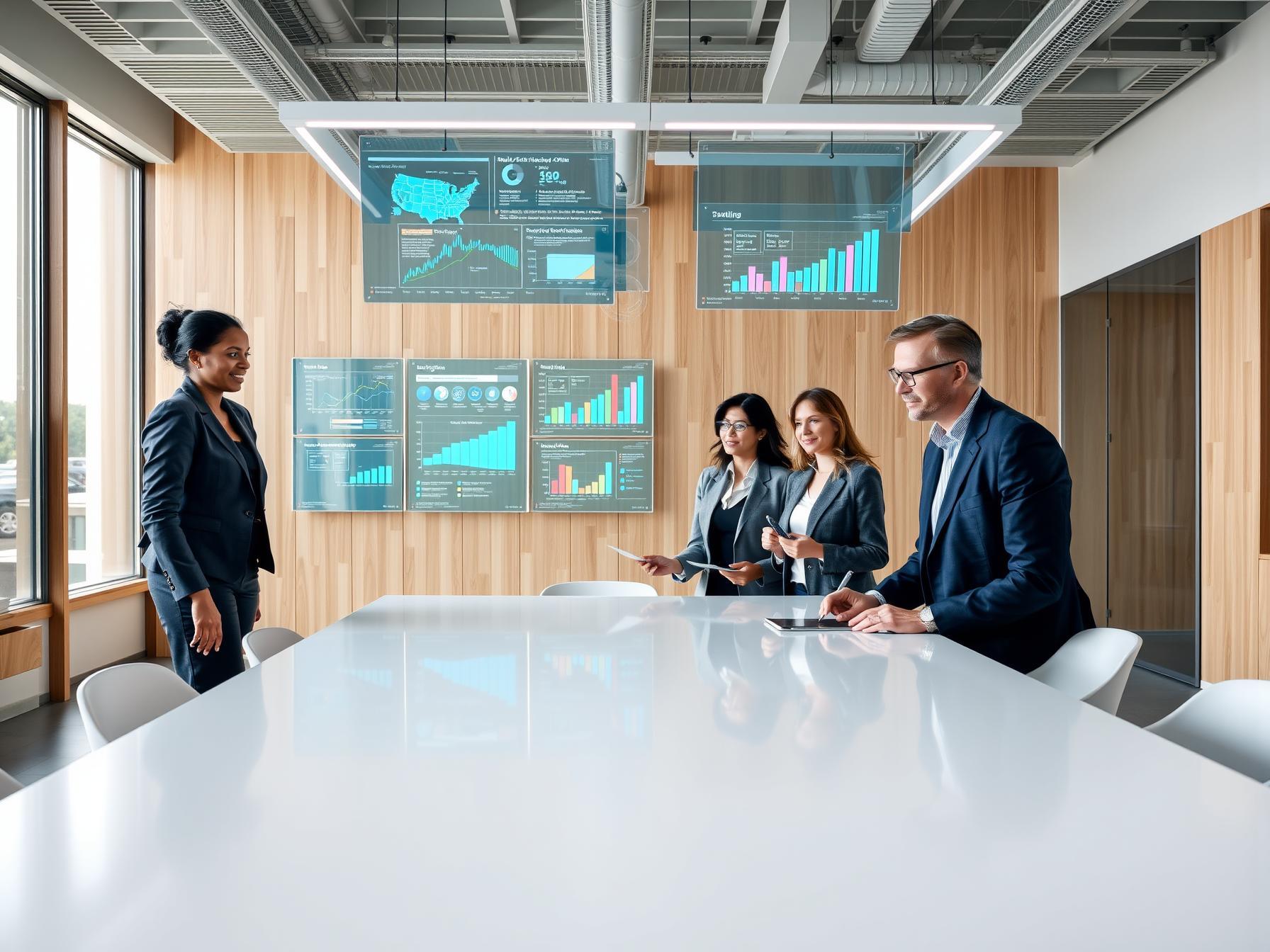 Four professionals collaborating in a Scandinavian innovation lab with floating data screens and focused discussion