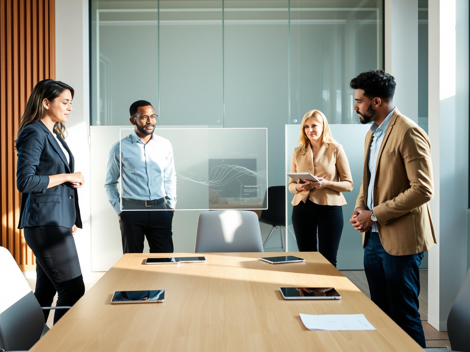 Four diverse professionals collaborating in a Scandinavian innovation lab with digital screens and tablets.