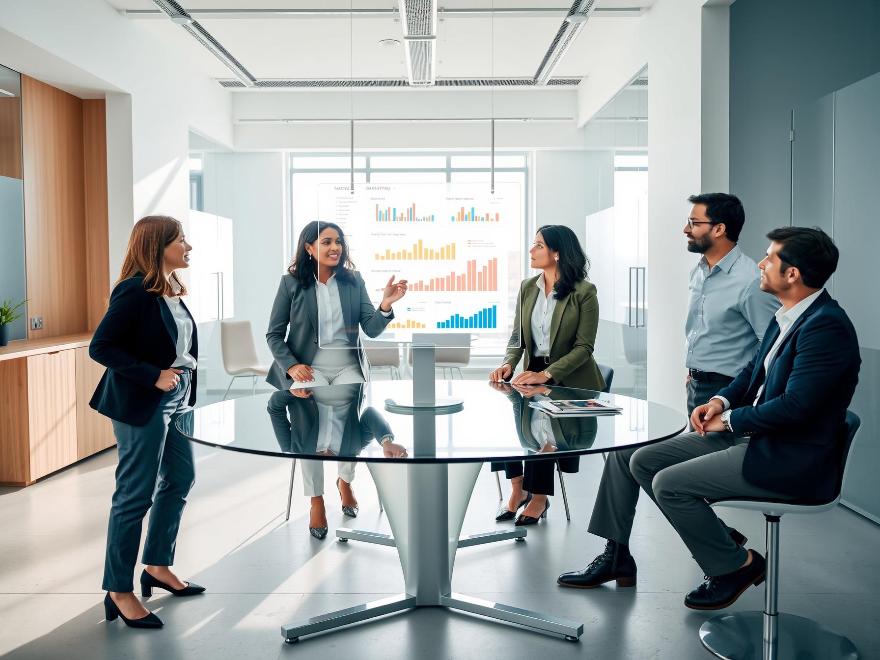 Four professionals collaborating around a glass table with a floating digital analytics display in a bright innovation lab