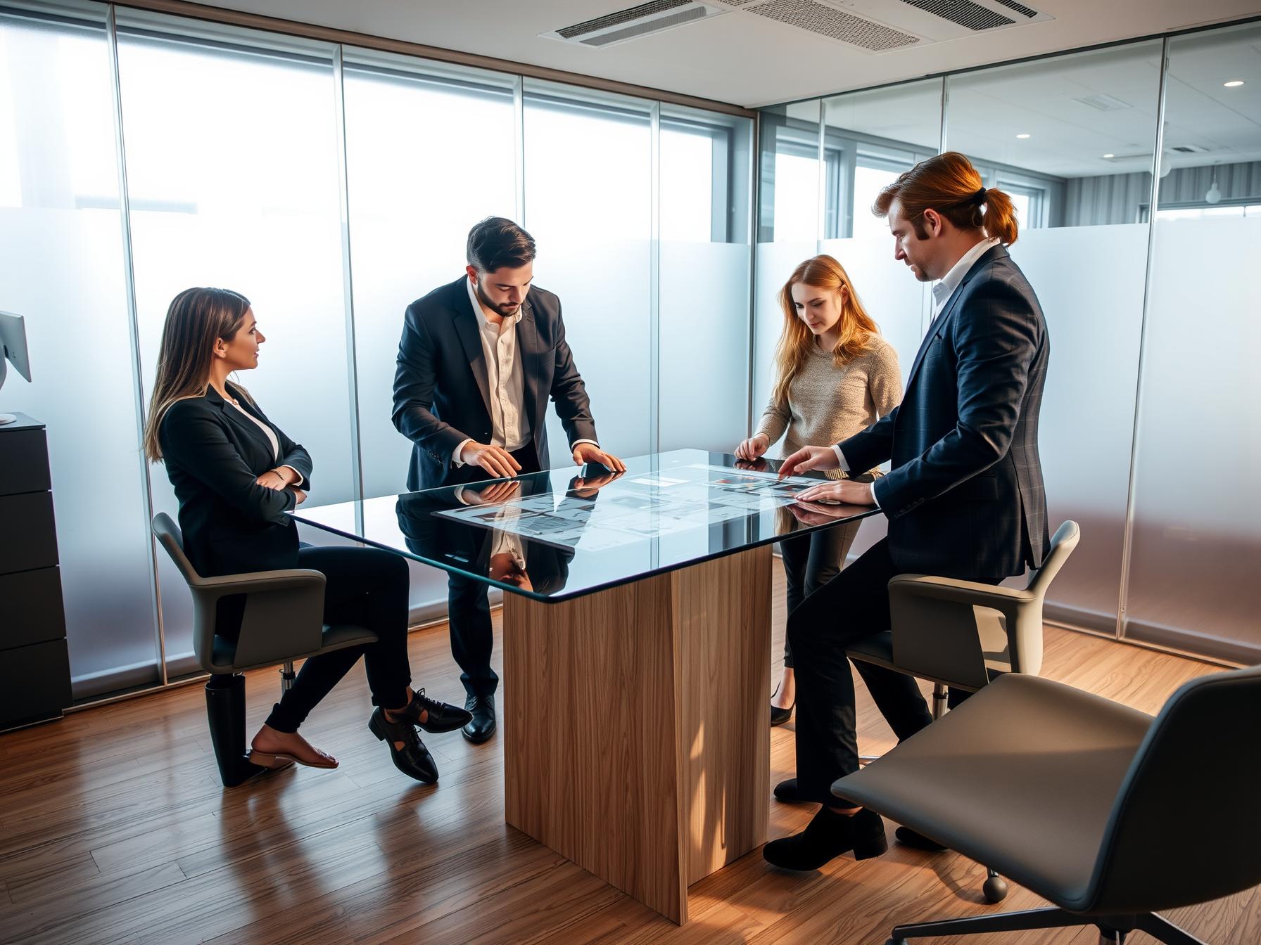 Four professionals collaborating around a touchscreen table in bright Scandinavian tech innovation lab