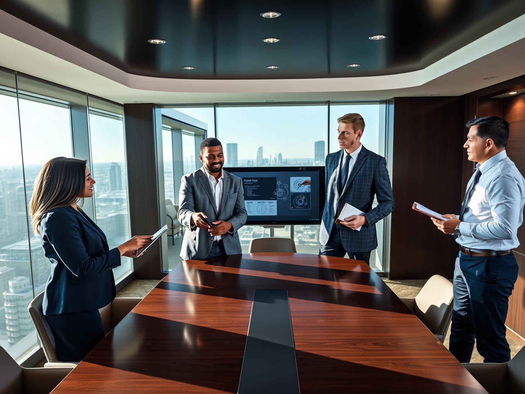 Four diverse professionals collaborating with digital devices in a high-rise boardroom with city skyline view