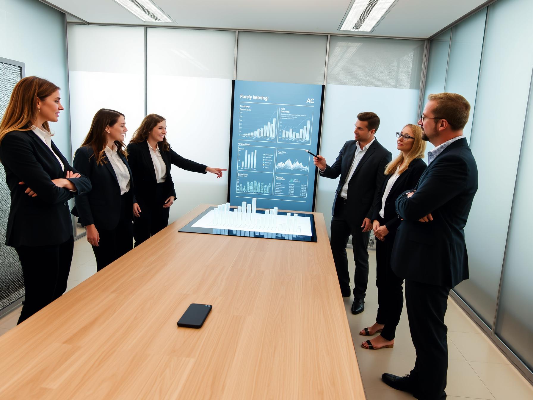 Four professionals in a Scandinavian innovation lab collaborating with digital data screens