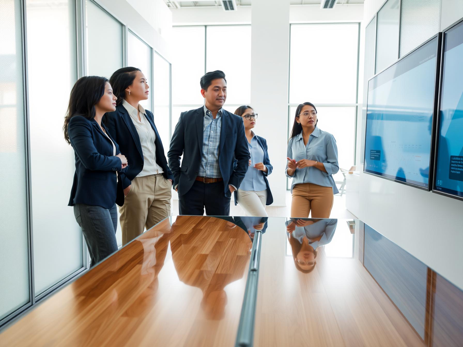 Four professionals collaborating in a Scandinavian innovation lab around a screen with data visuals.