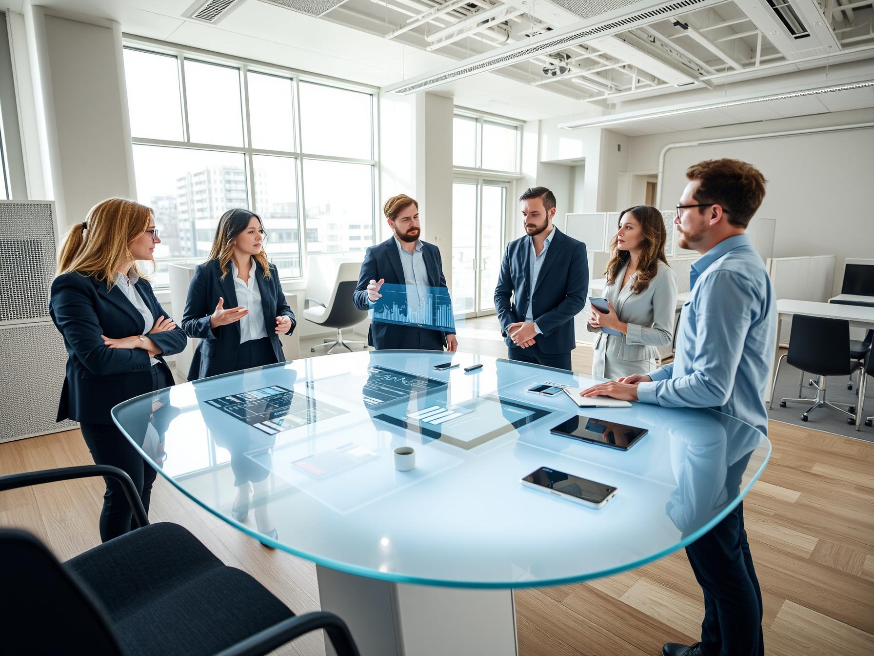 Four professionals in a Scandinavian-tech innovation lab collaborating over data projections