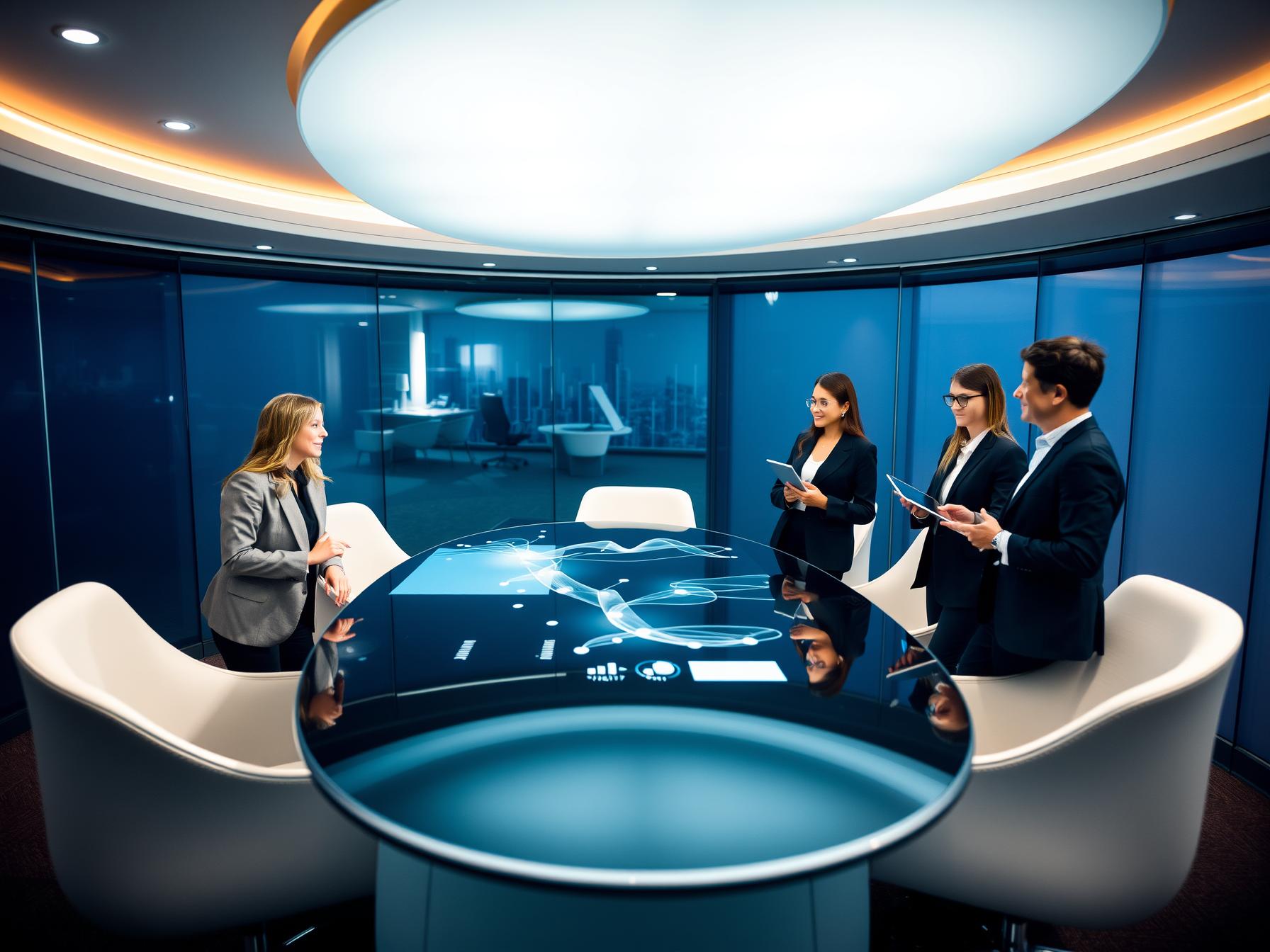 Four diverse professionals strategize implementing predictive models in a high-rise boardroom four-diverse-professionals-strategize-implementing-predictive-models-in-a-high-rise-boardroom