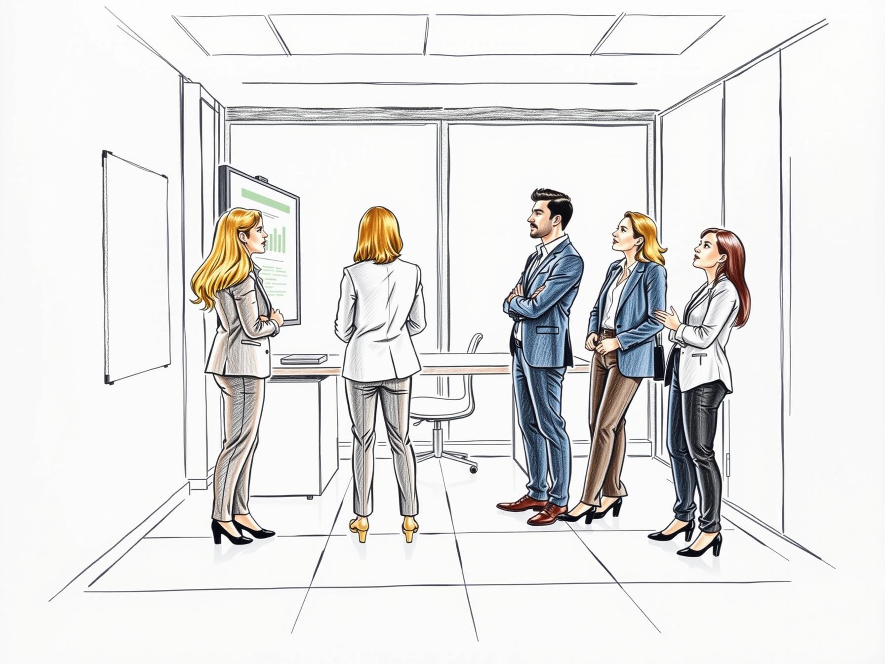 four-diverse-business-professionals-collaborating-around-a-standing-desk-with-digital-display-in-a-modern-office-interior-colored-pencil-sketch