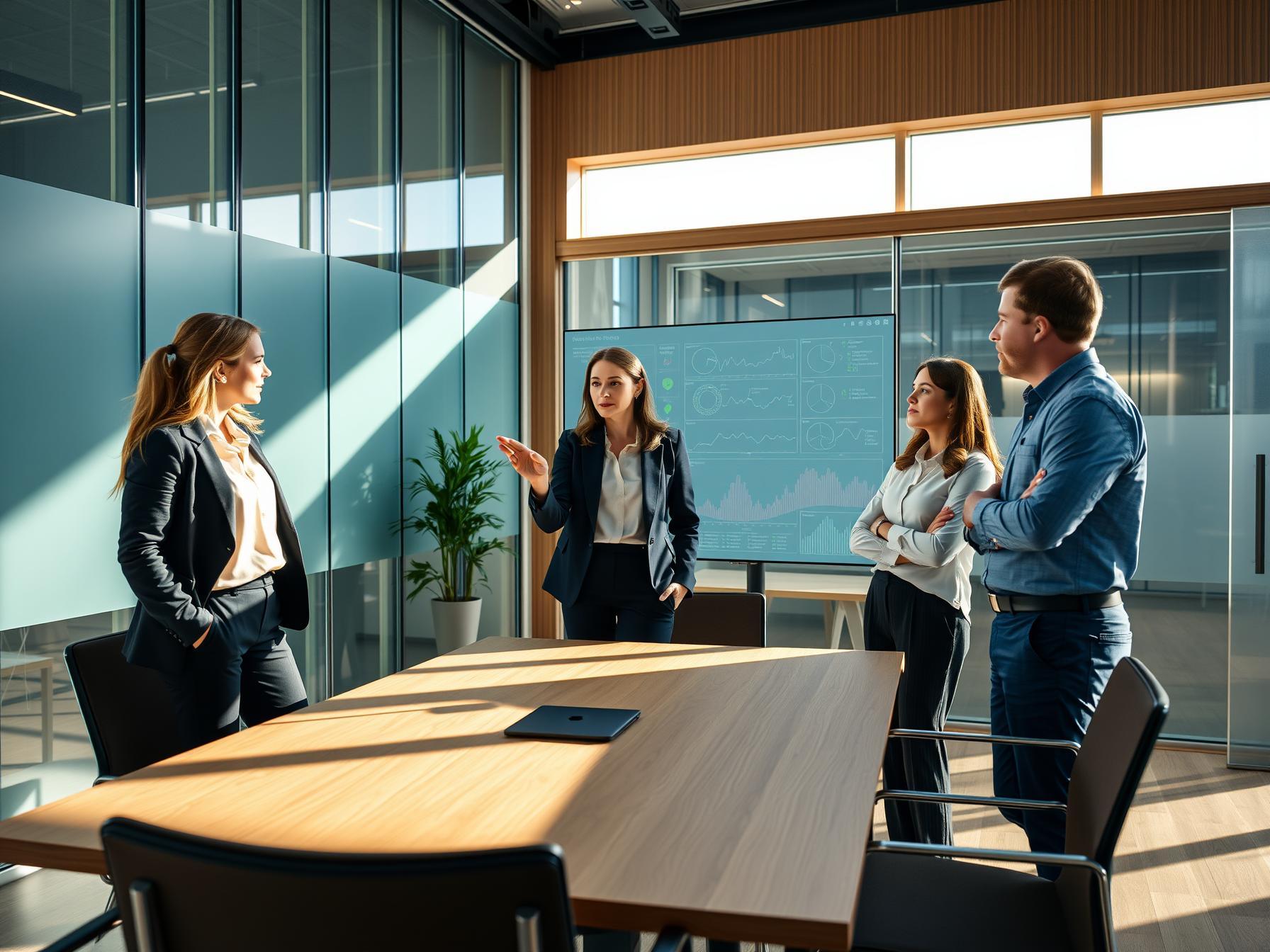 Four diverse professionals collaborating with digital forecasting display in Scandinavian-tech innovation lab four-diverse-professionals-collaborating-with-digital-forecasting-display-in-scandinavian-tech-innovation-lab