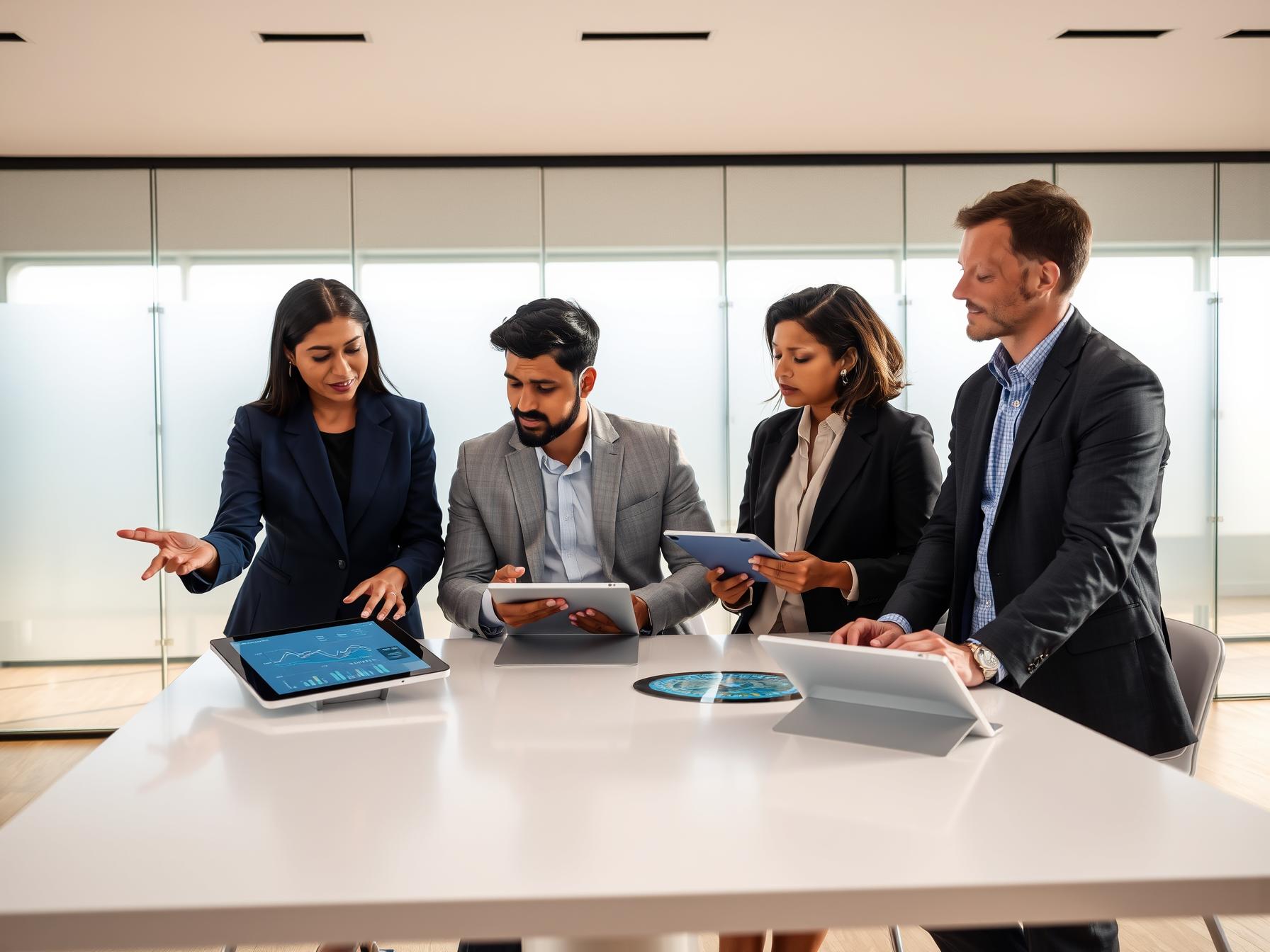 Four diverse professionals collaborating on ROI automation in a Scandinavian-tech innovation lab four-diverse-professionals-collaborating-on-roi-automation-in-a-scandinavian-tech-innovation-lab