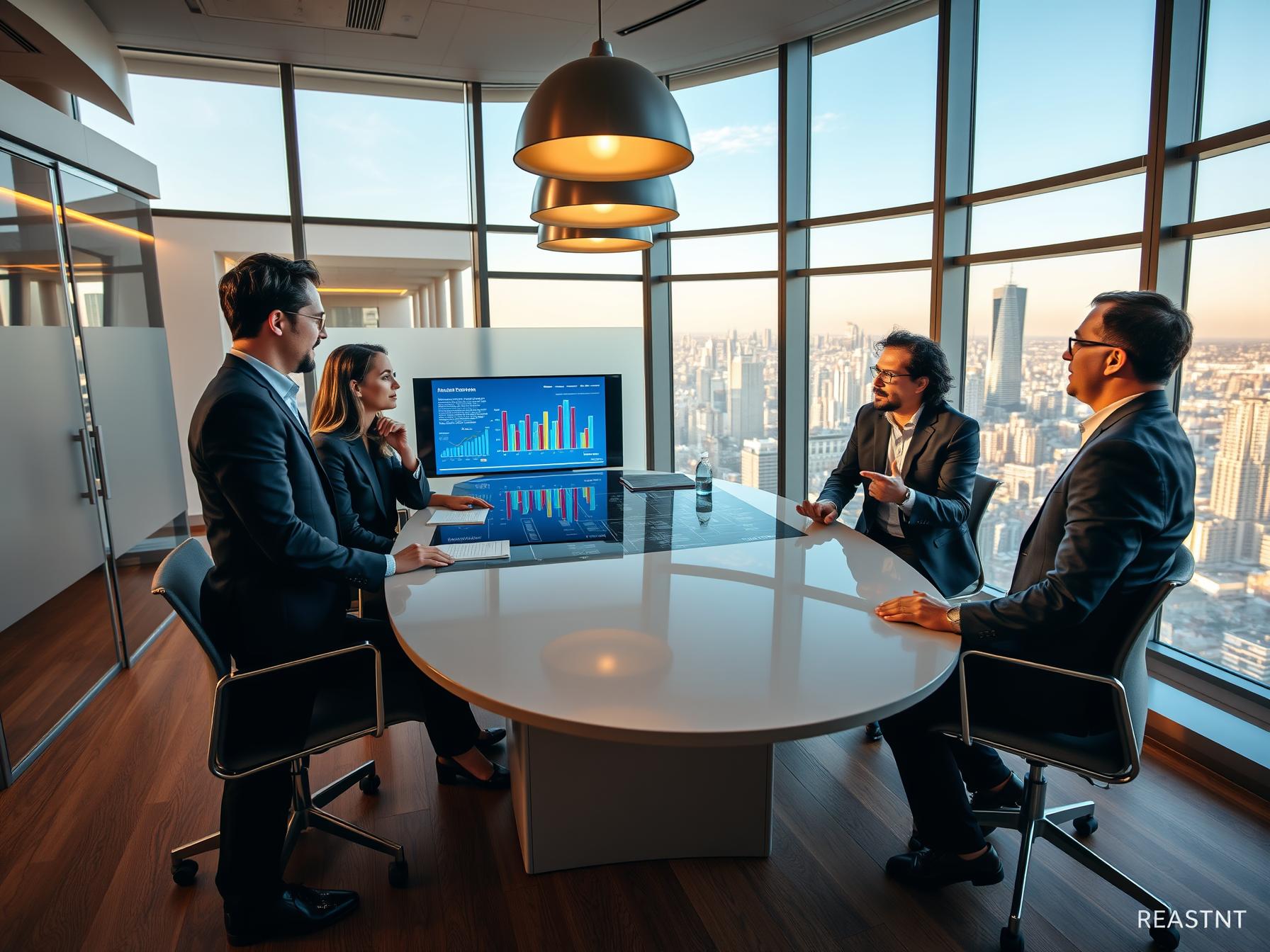 Four diverse professionals collaborating on sales technology and data integration in high-rise boardroom four-diverse-professionals-collaborating-on-sales-technology-and-data-integration-in-high-rise-boardroom
