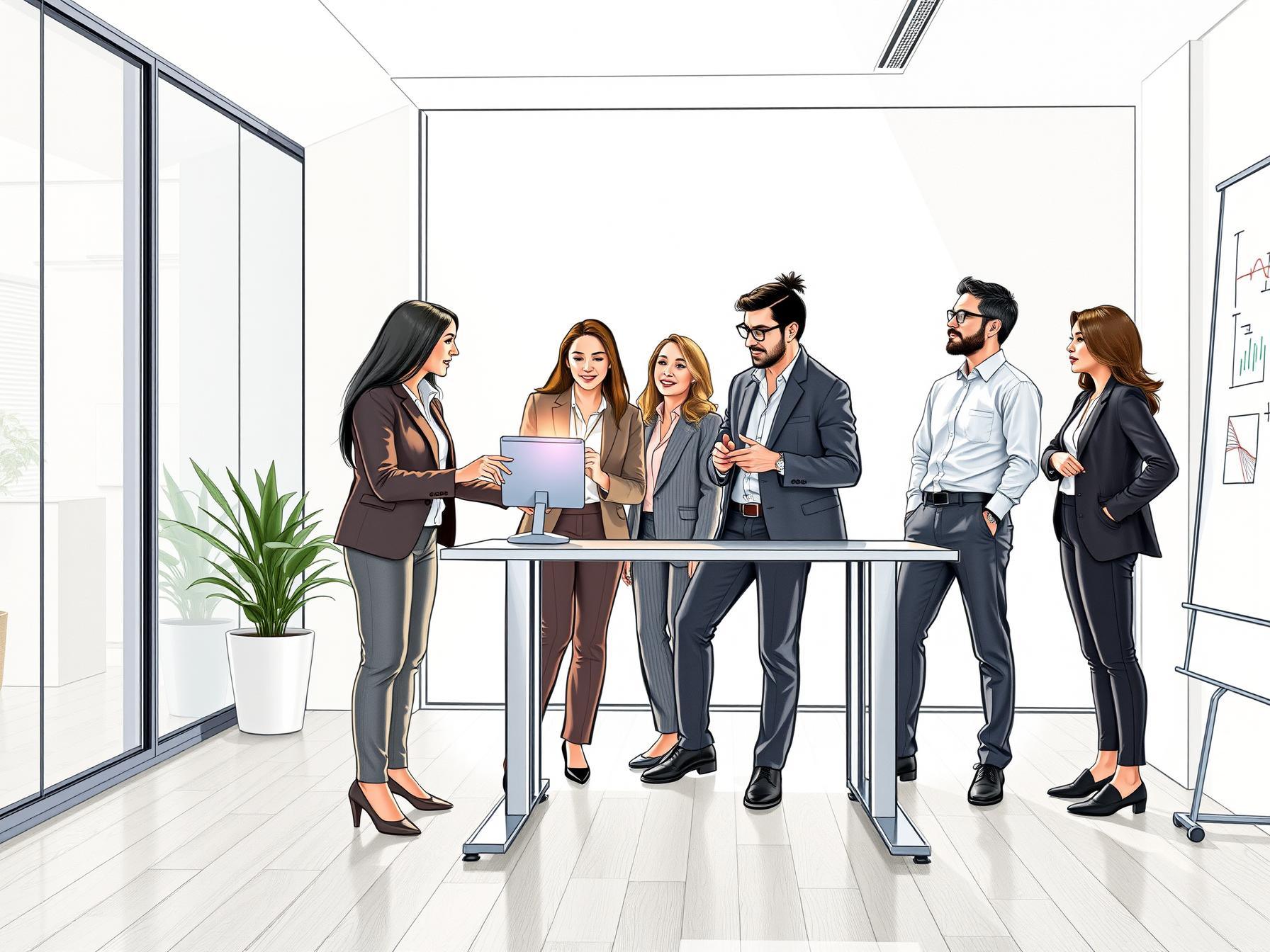 four-professionals-collaborating-around-a-standing-desk-and-digital-tablet-in-a-modern-office-setting-to-align-team-structure-and-incentives