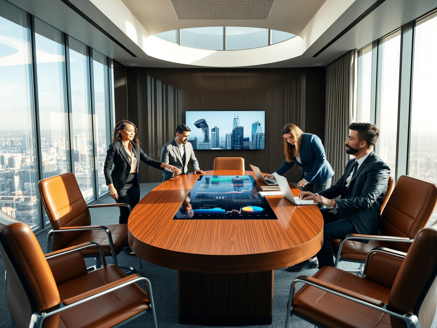 five-professionals-collaborating-around-a-digital-touchscreen-table-in-a-high-rise-executive-boardroom