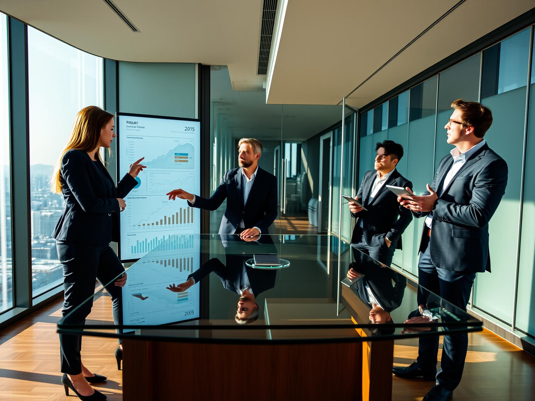 Four professionals discussing revenue forecasting in a high-rise executive boardroom with city view