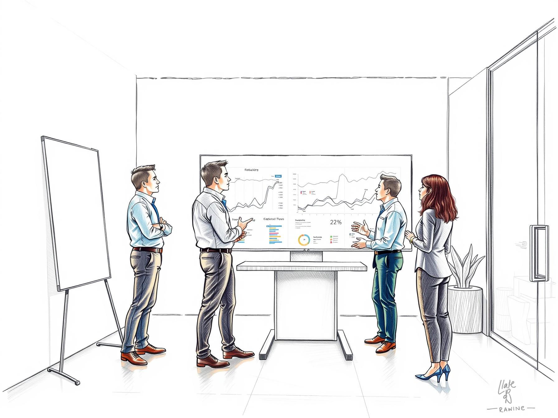 Four diverse business professionals collaborating on predictive analytics in a modern office space four-diverse-business-professionals-collaborating-on-predictive-analytics-in-a-modern-office-space