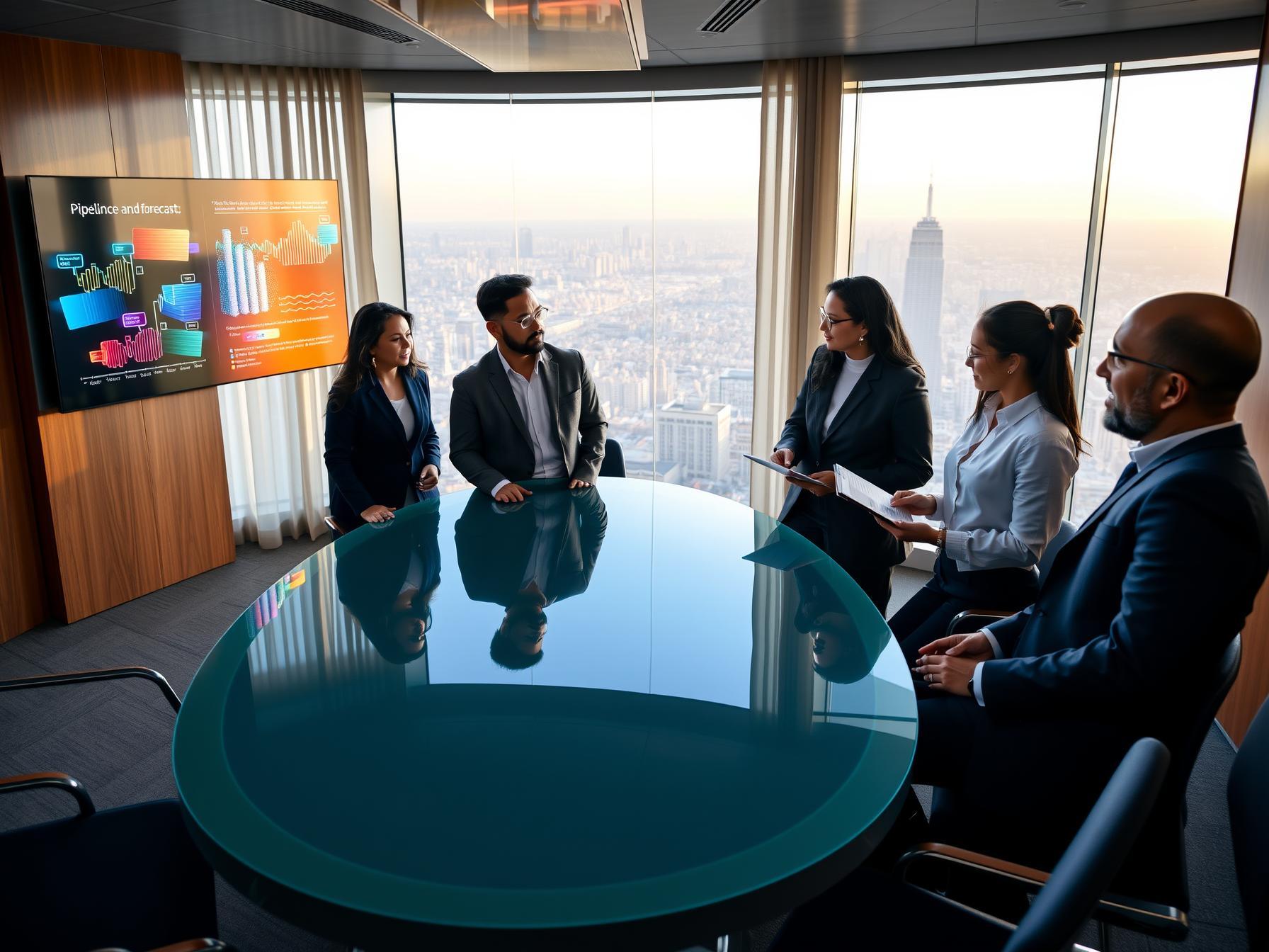 Four professionals in a high-rise boardroom discussing data on a digital display for pipeline optimization