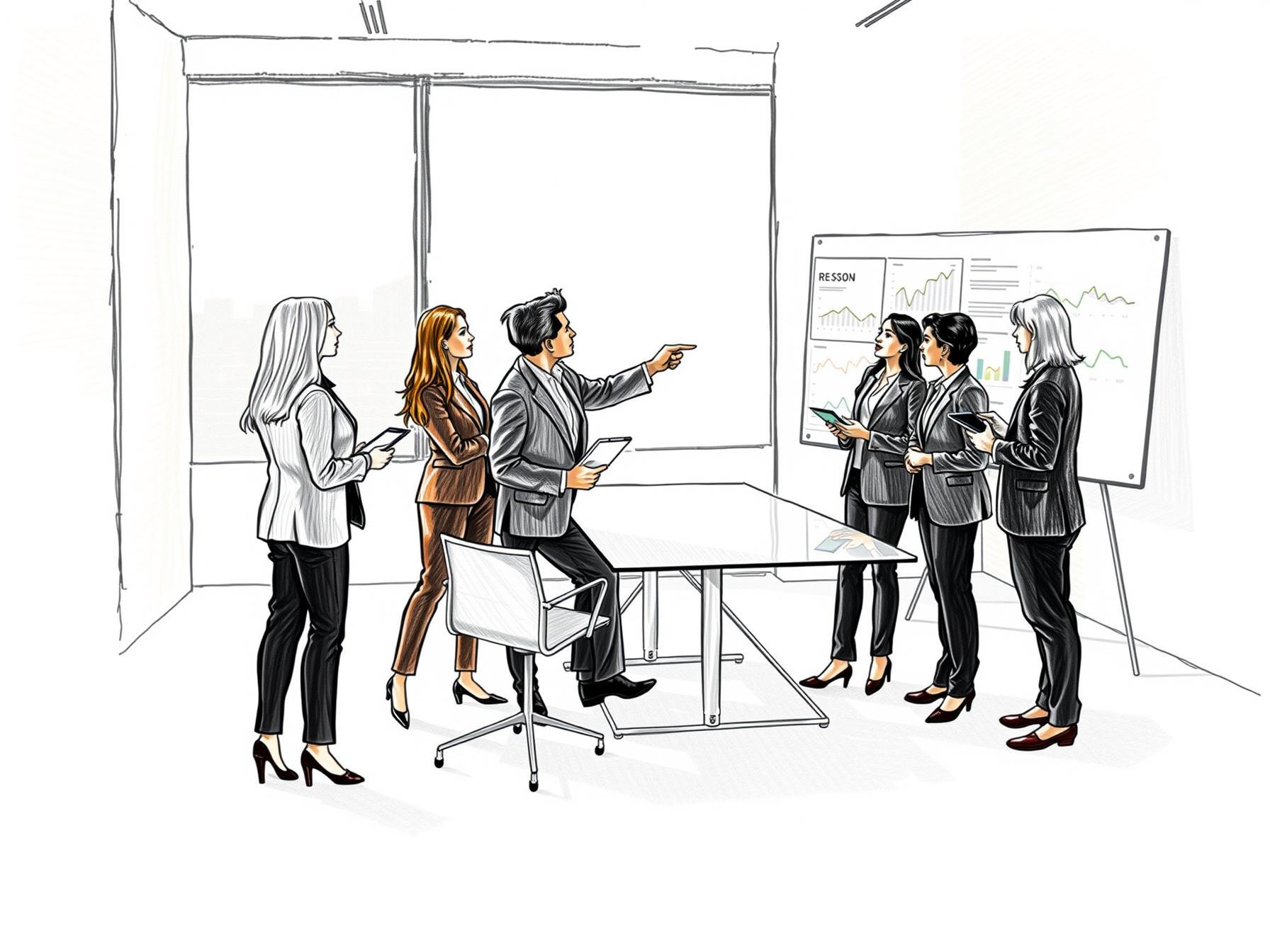 Four business professionals collaborating on data review in modern office to align sales compensation and reduce revenue risk Four professionals in an office collaborate around data to align sales compensation and mitigate revenue risk.