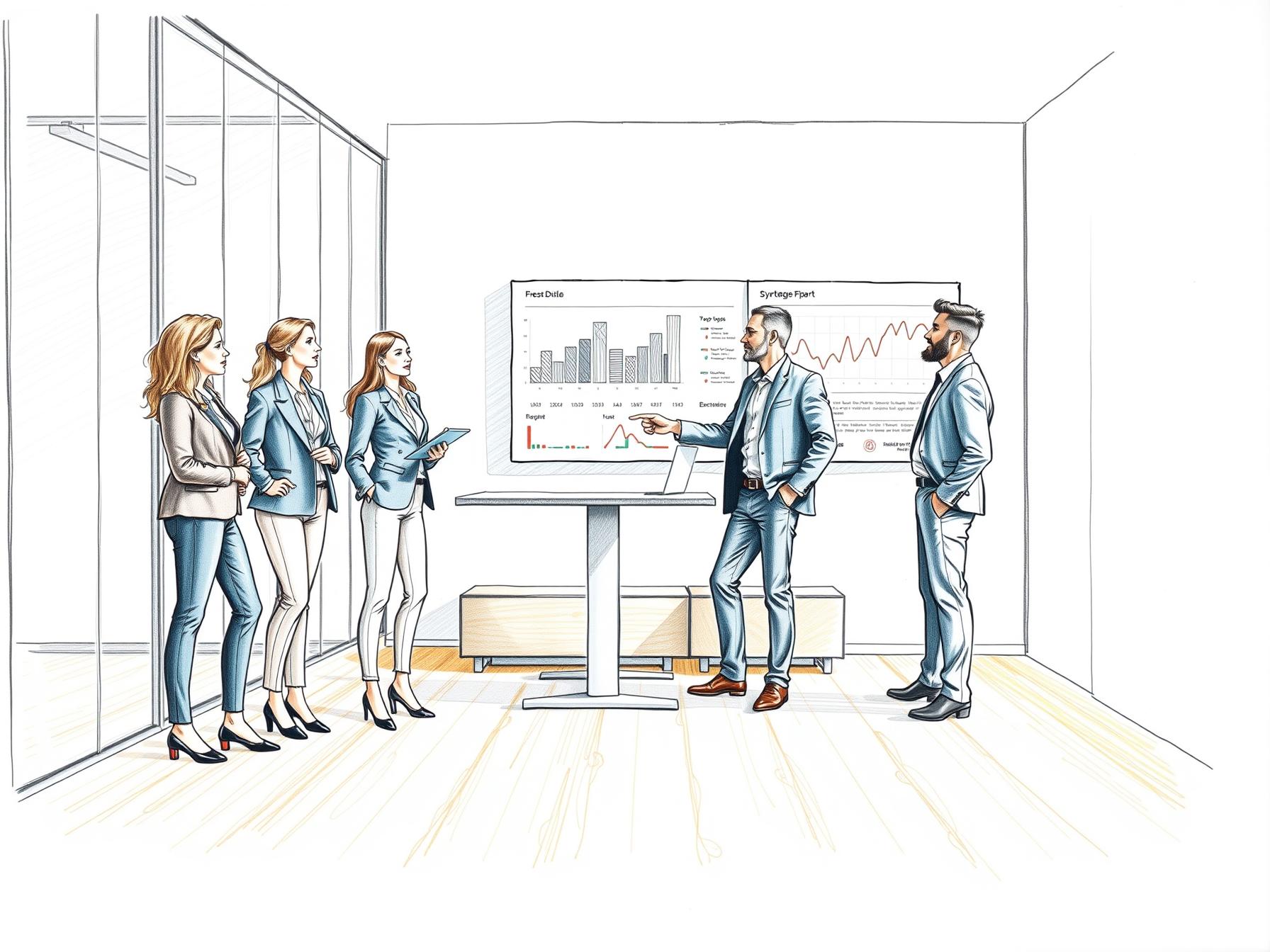 Four professionals collaborating with sales technology in modern office environment four-professionals-collaborating-with-sales-technology-in-modern-office-environment