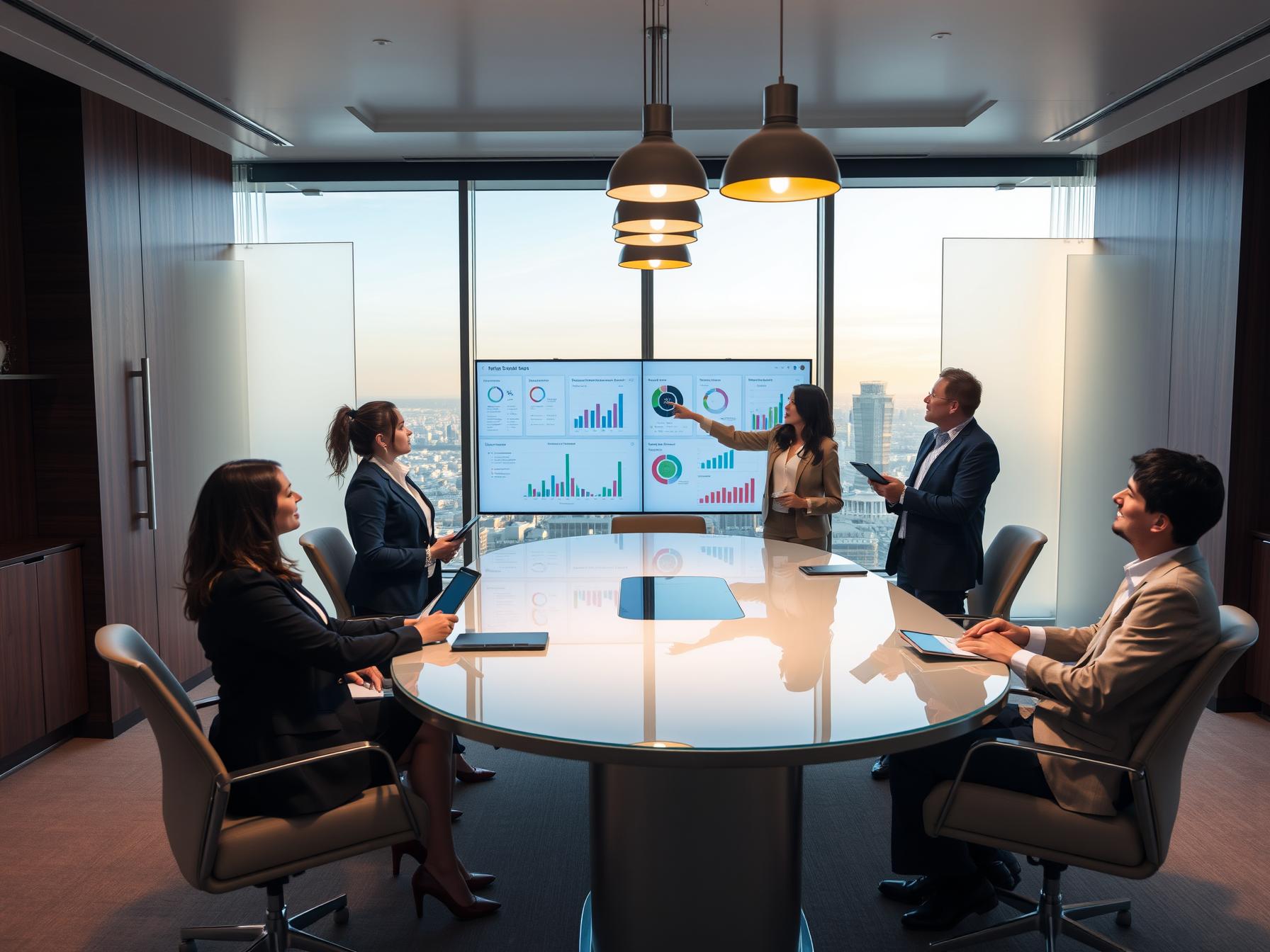 four-diverse-professionals-collaborating-on-sales-analytics-in-a-high-rise-executive-boardroom
