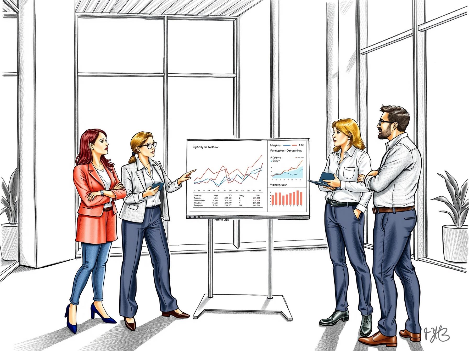 Four diverse business professionals collaborating on forecasting dashboard in modern office four-diverse-business-professionals-collaborating-on-forecasting-dashboard-in-modern-office