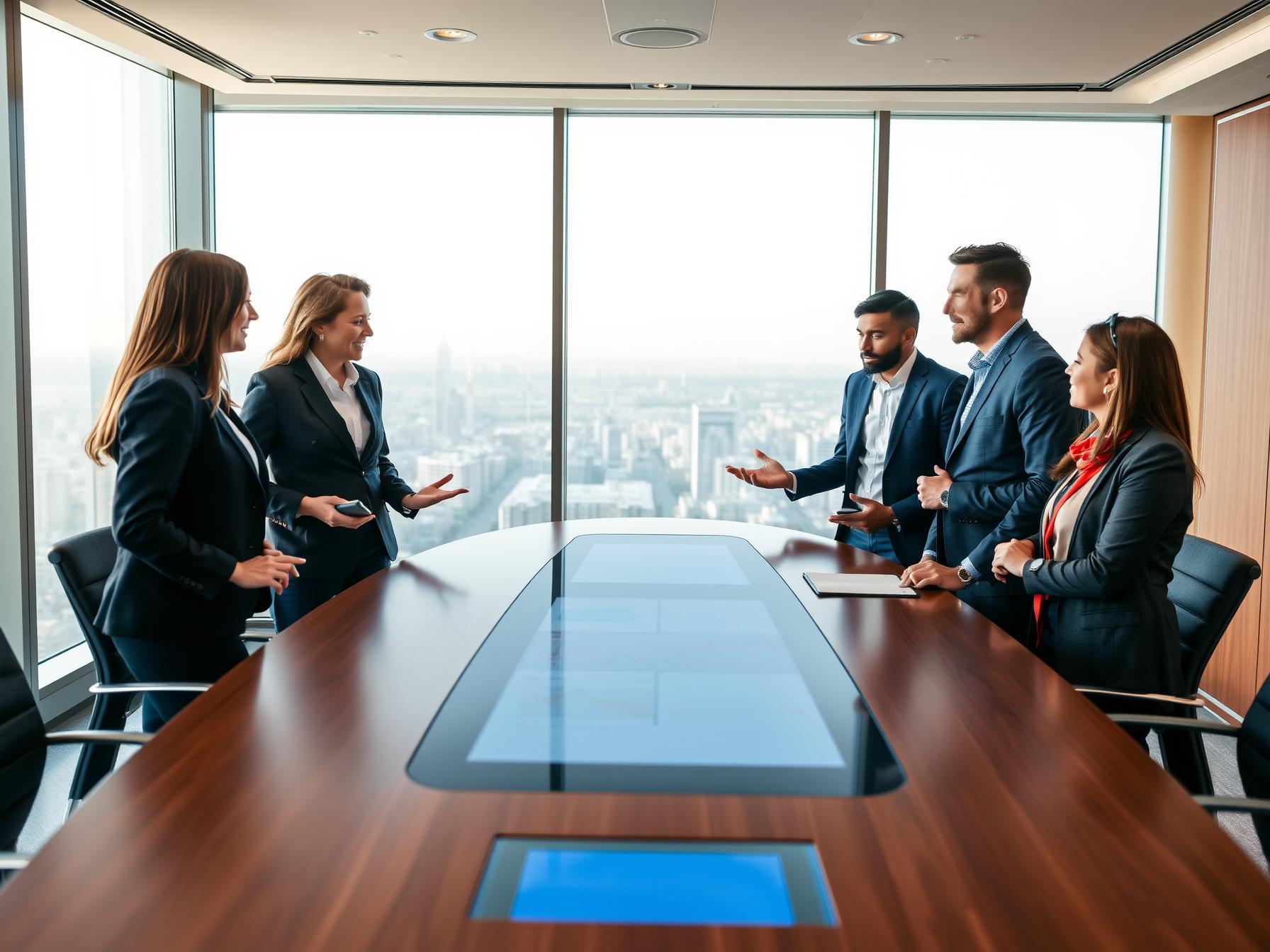 Five professionals in executive boardroom engaging in strategic governance discussion by touchscreen display
