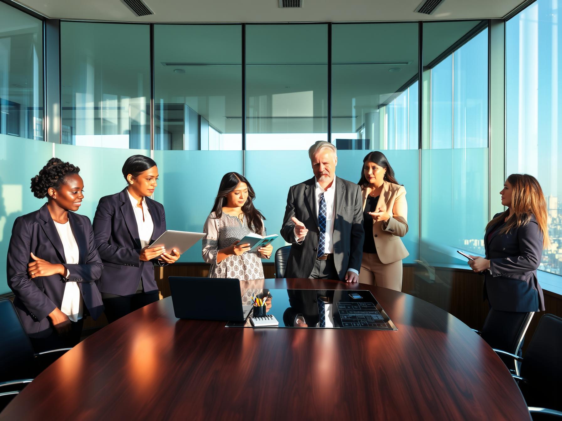 Five diverse professionals engaged in strategic governance discussion in a high-rise executive boardroom Integrating Sales Technology and Automation to Elevate Pipeline Performance