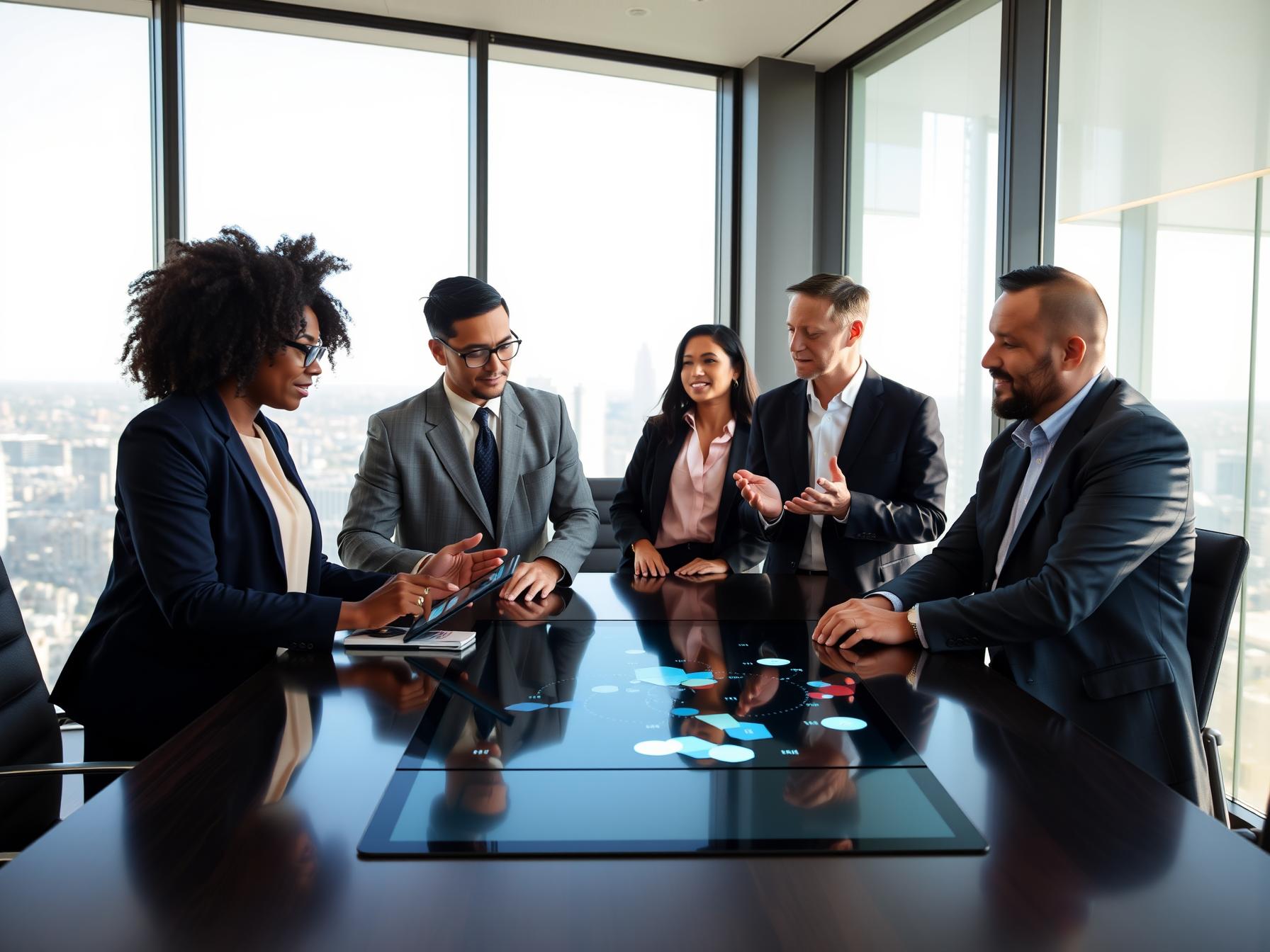 Four professionals collaborating in a high-rise executive boardroom with data visualization Optimizing Team Structure and Compensation for Predictive Success