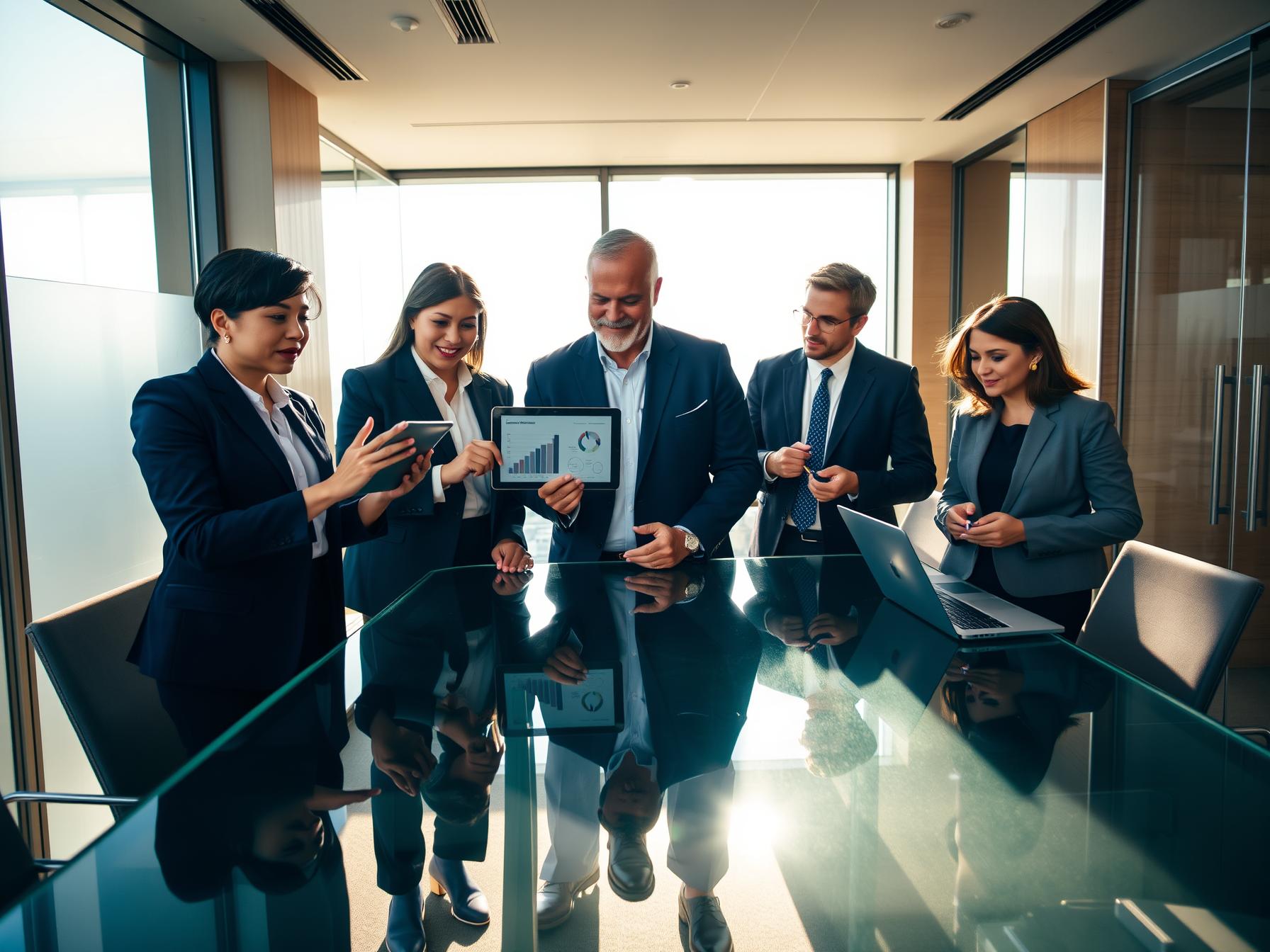 four-diverse-sales-professionals-collaborating-in-a-high-rise-executive-boardroom-on-territory-planning-alignment