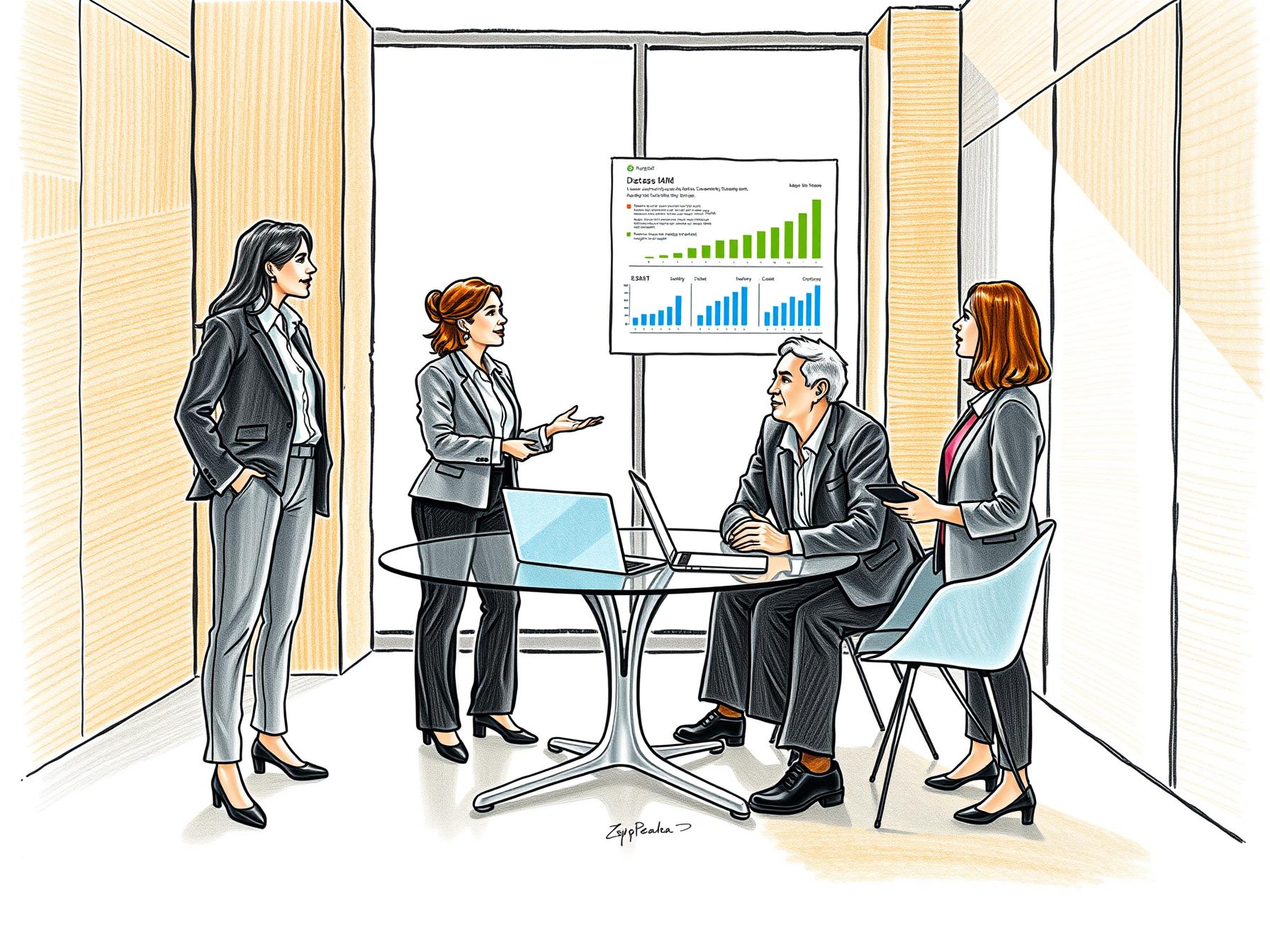 Four business professionals collaborating on customer success and lifecycle management in modern office four-business-professionals-collaborating-on-customer-success-and-lifecycle-management-in-modern-office