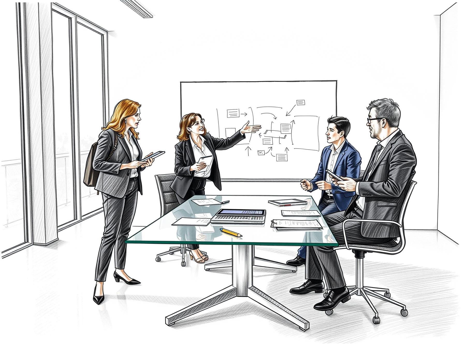 Four professionals collaborating in modern office around glass table with whiteboard and tablets four-professionals-collaborating-in-modern-office-around-glass-table-with-whiteboard-and-tablets