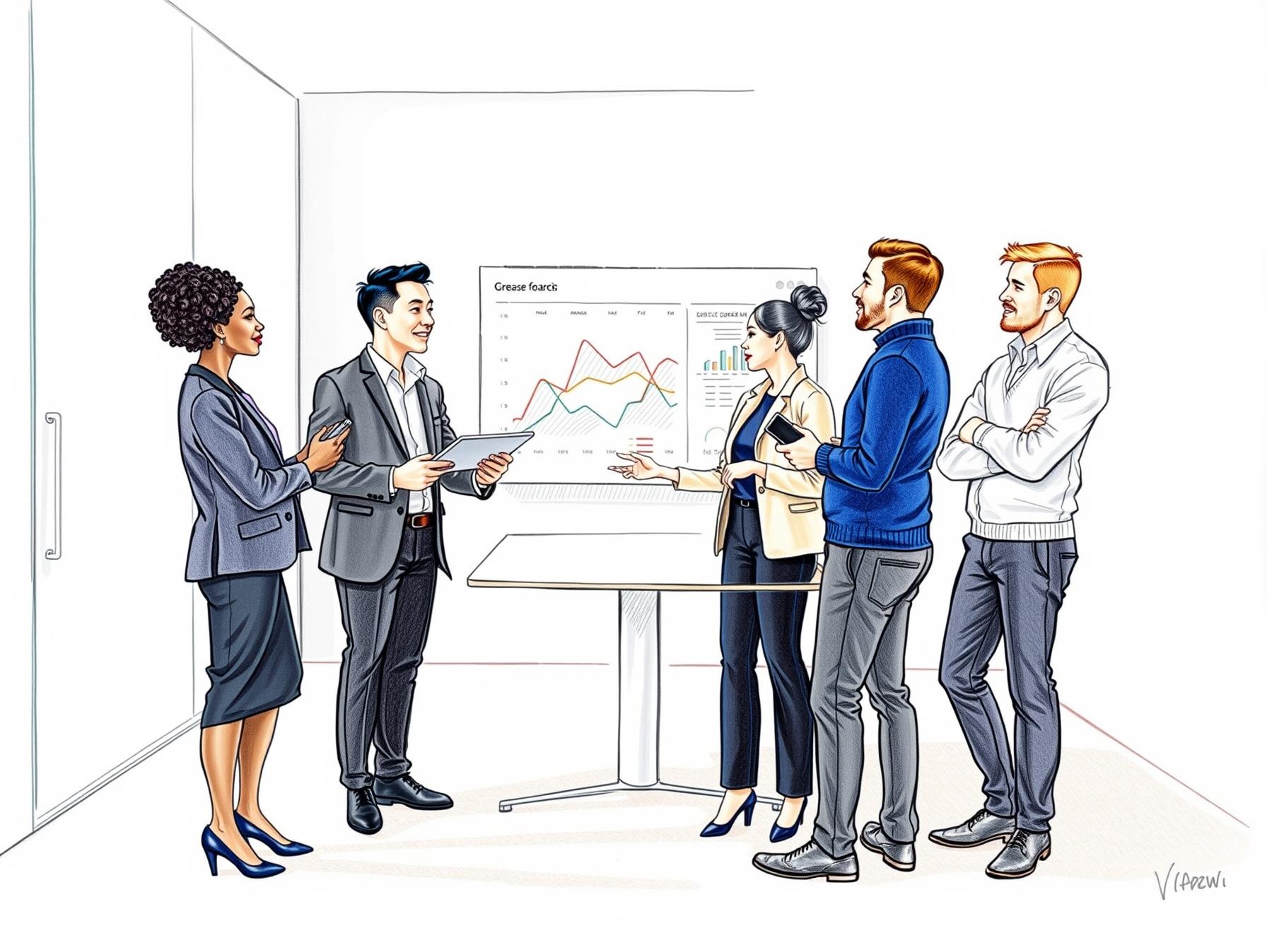 Four diverse business professionals collaborating around standing desk reviewing data in modern office four-diverse-business-professionals-collaborating-around-standing-desk-reviewing-data-in-modern-office