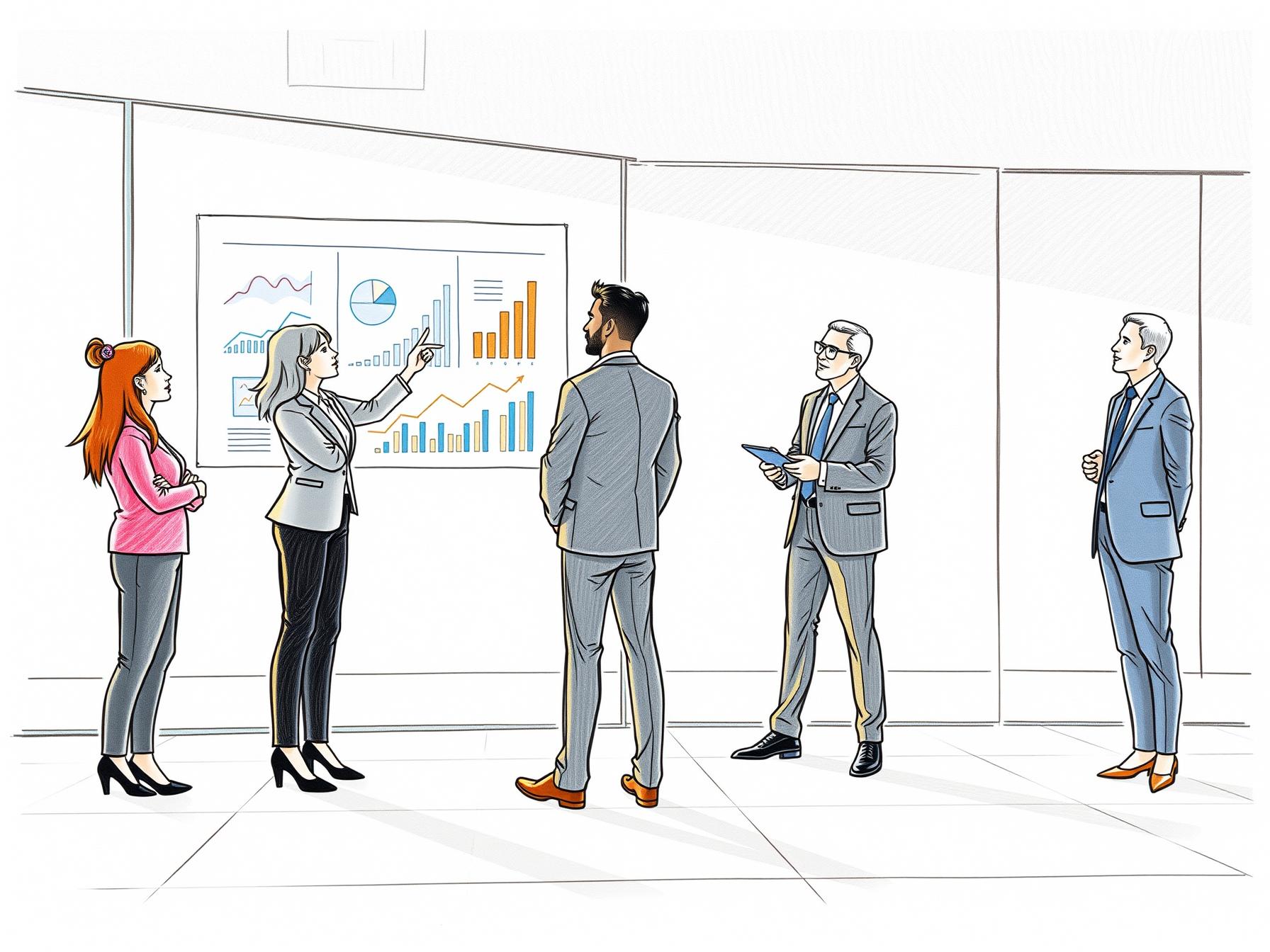 Four business professionals collaborating in a modern office around a glass dashboard presenting incentive-linked innovation strategies four-business-professionals-collaborating-in-a-modern-office-around-a-glass-dashboard-presenting-incentive-linked-innovation-strategies