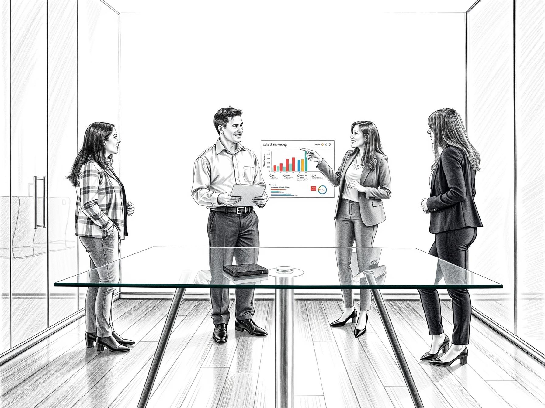 team-of-four-business-professionals-collaborating-on-sales-and-marketing-alignment-in-modern-office