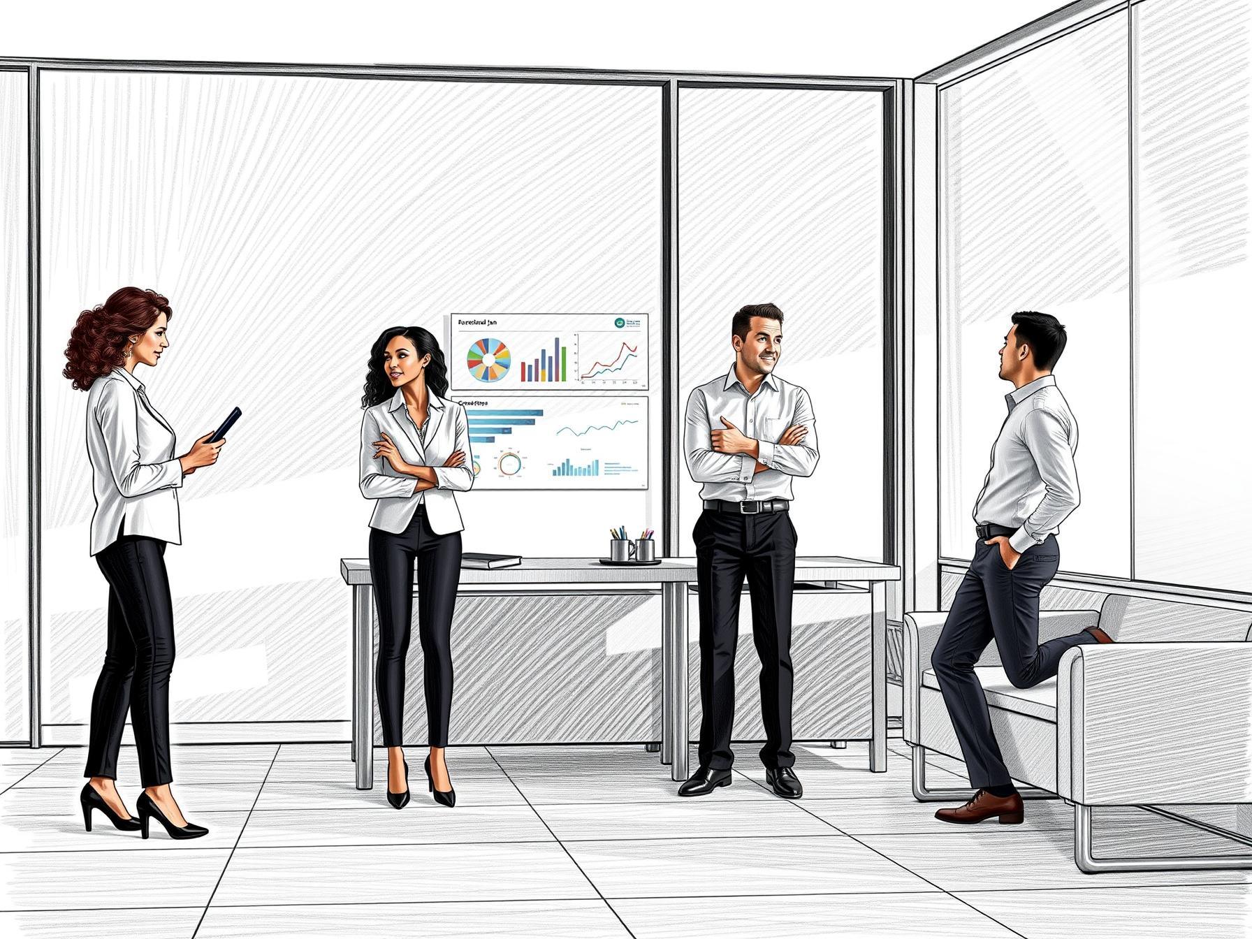 Four diverse business professionals collaborating around standing desk with digital tools in modern office four-diverse-business-professionals-collaborating-around-standing-desk-with-digital-tools-in-modern-office