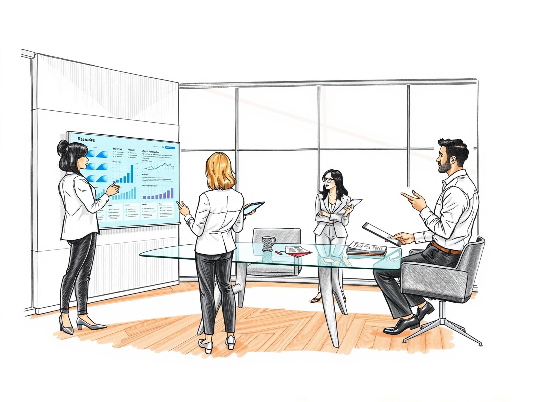 Four diverse business professionals collaborating on customer lifecycle data in modern office four-diverse-business-professionals-collaborating-on-customer-lifecycle-data-in-modern-office