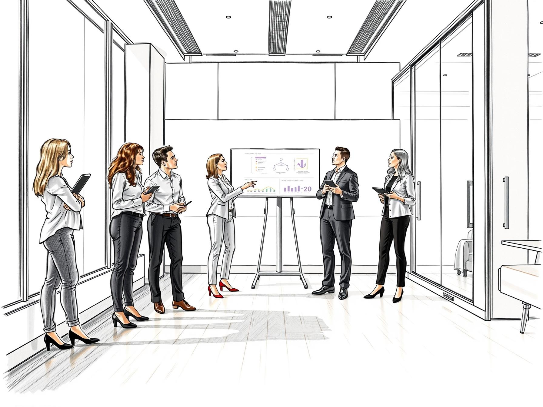 Four business professionals collaborating on data-driven change management in modern glass office four-business-professionals-collaborating-on-data-driven-change-management-in-modern-glass-office